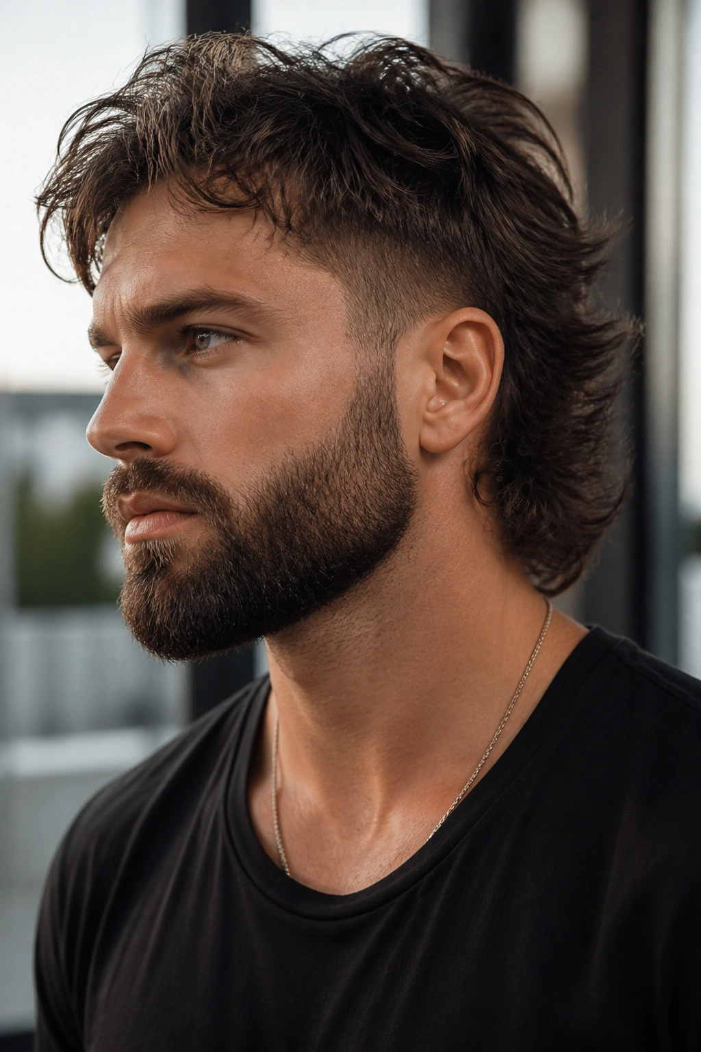 Close-up of a man with beard-blend mullet and beard integration