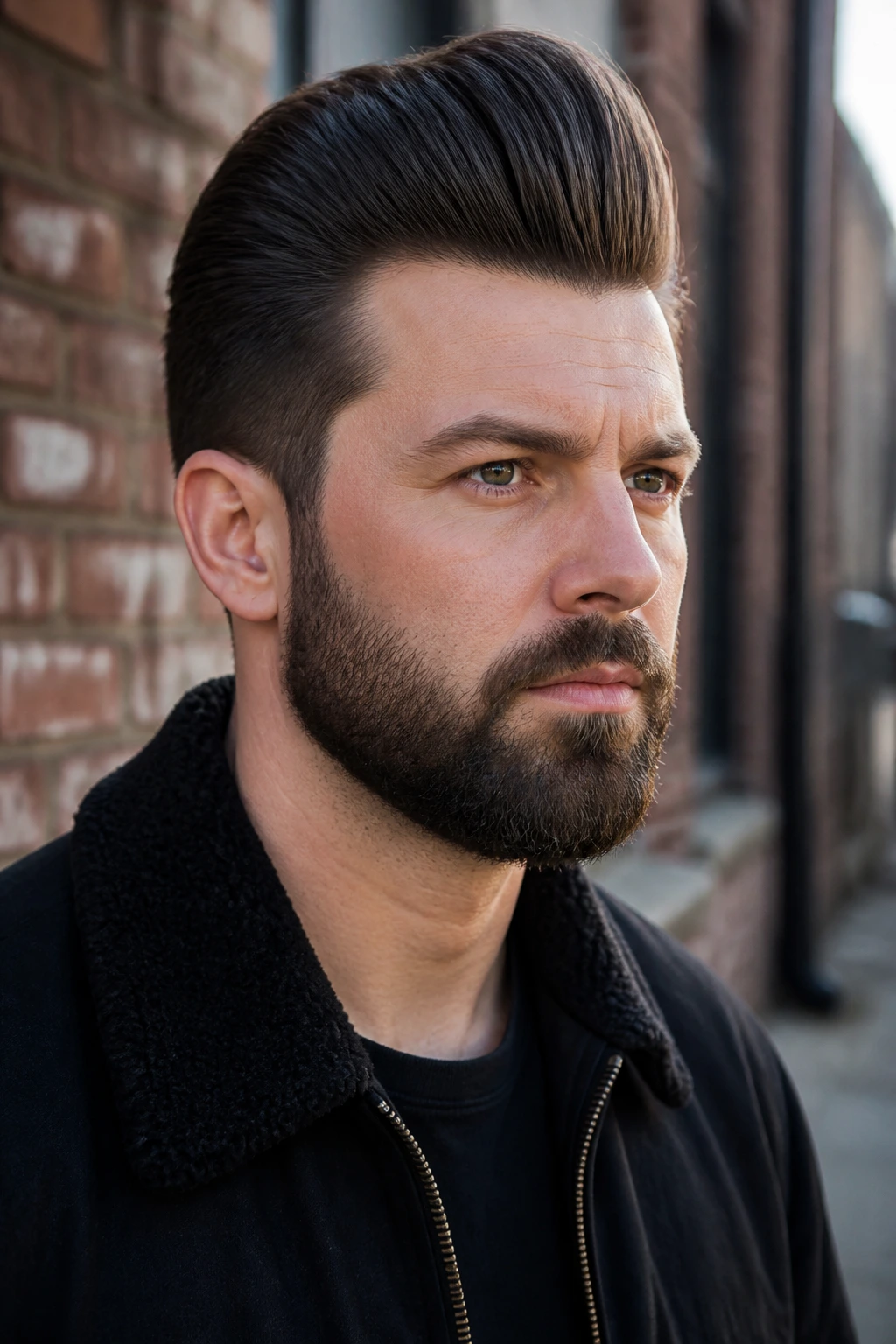 Man with beard-connected pompadour on urban street