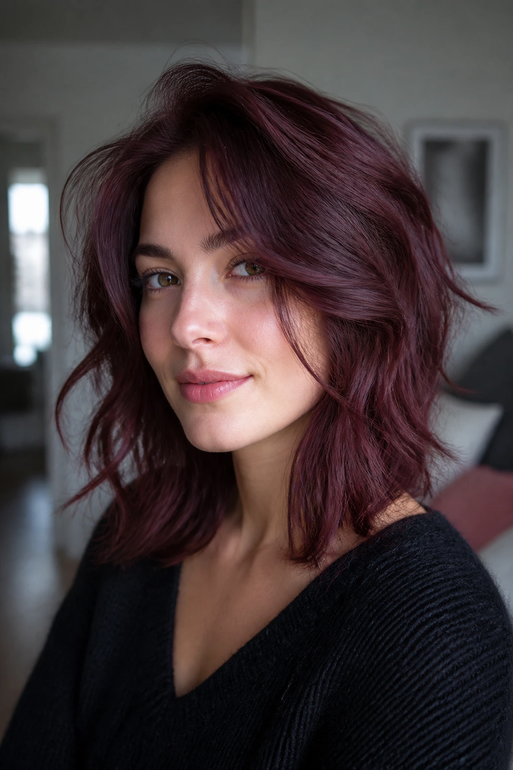 Portrait of a person with beaujolais burgundy hair and airy layers
