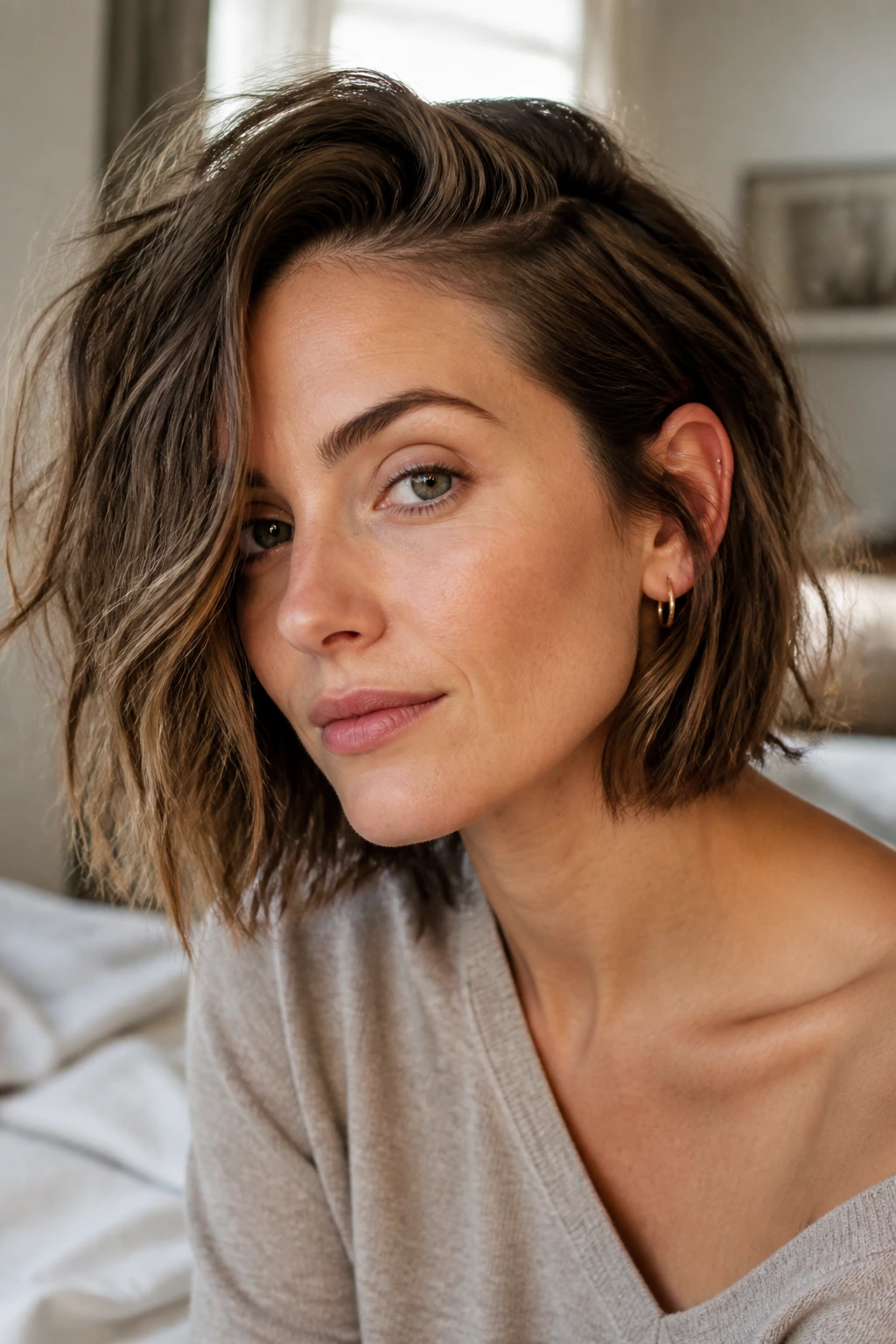 Real woman with bedhead bob tucked behind one ear in a cozy bedroom