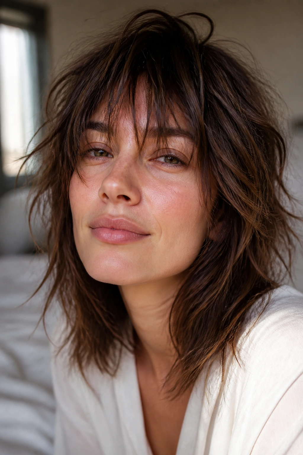 Woman with messy bedhead fringe in morning bedroom light.
