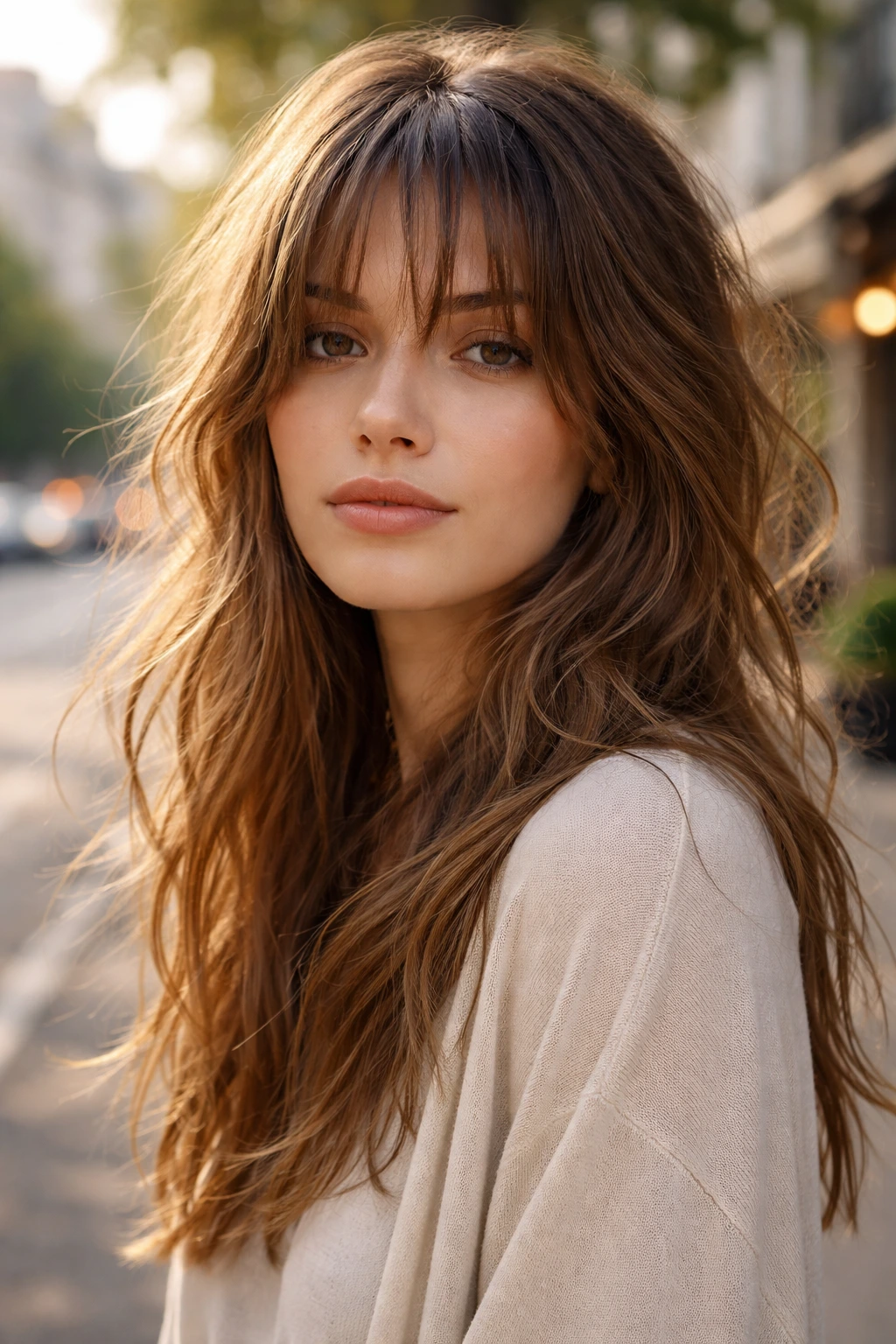Close-up of bedhead look with uneven bangs on a real person