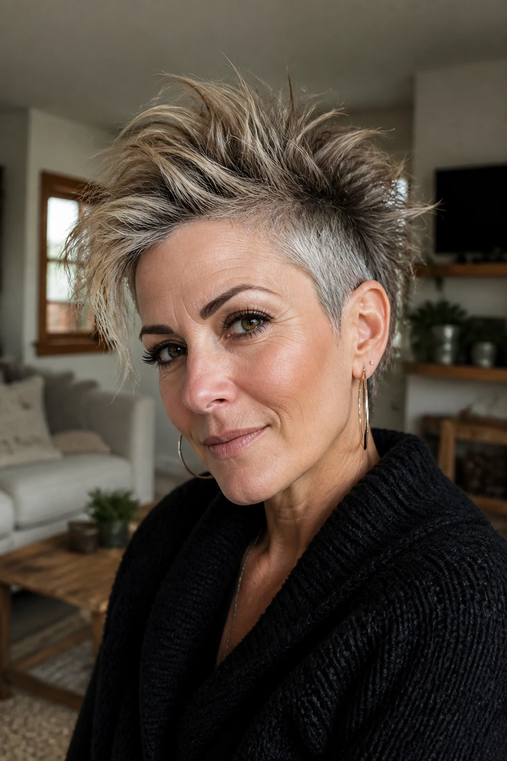 Close-up portrait of a real woman with a messy bedhead mohawk in a sunlit living room.