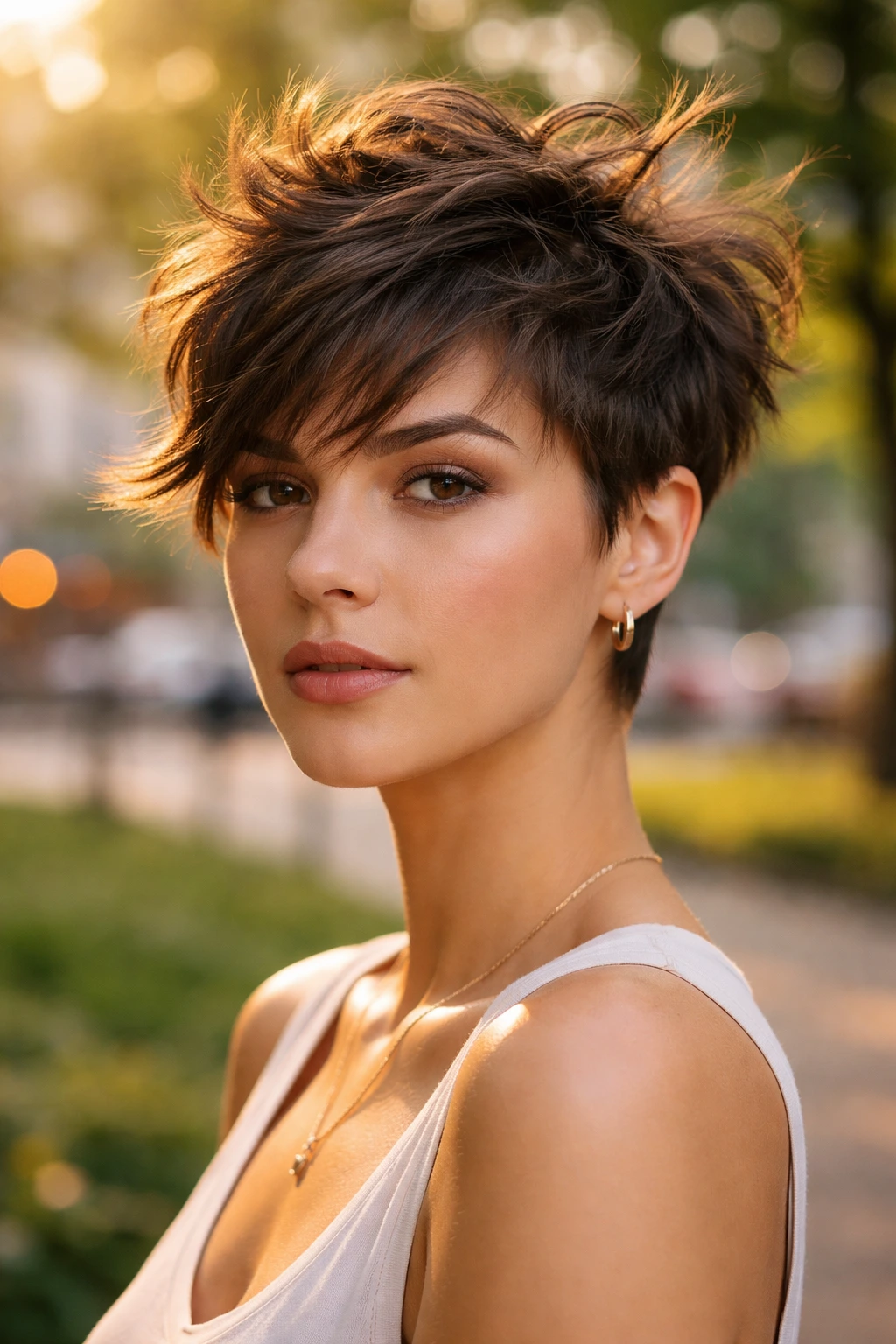 Close-up of brunette with messy bedhead pixie in golden hour light