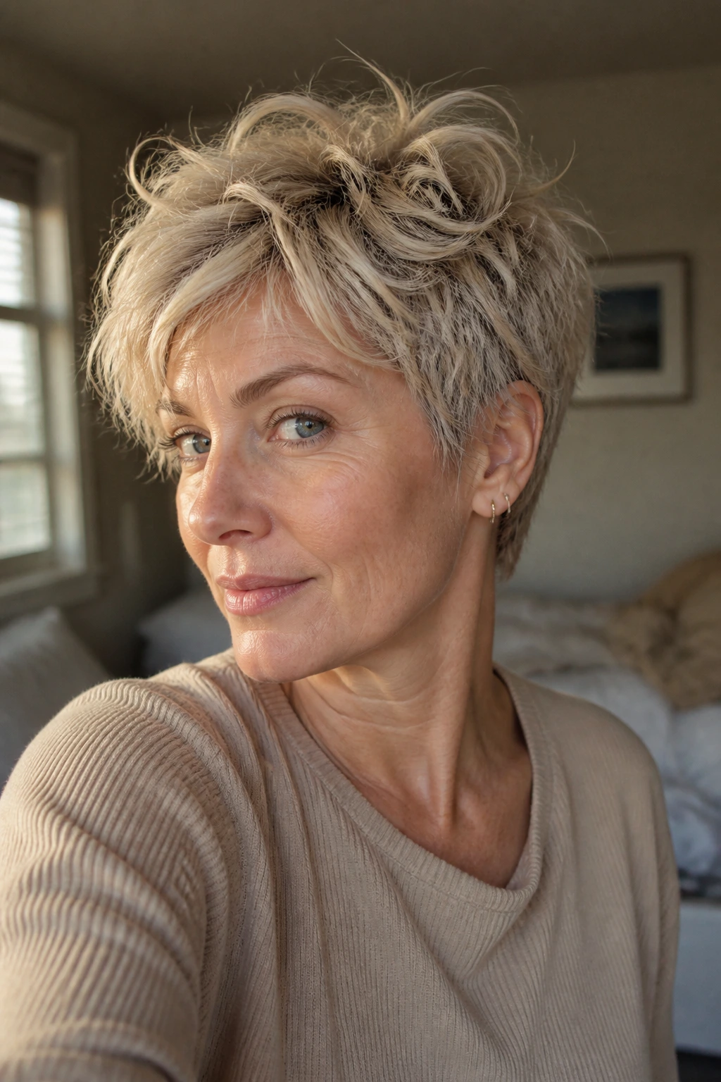 Close-up portrait of a real woman with Bedhead Pixie in morning light.