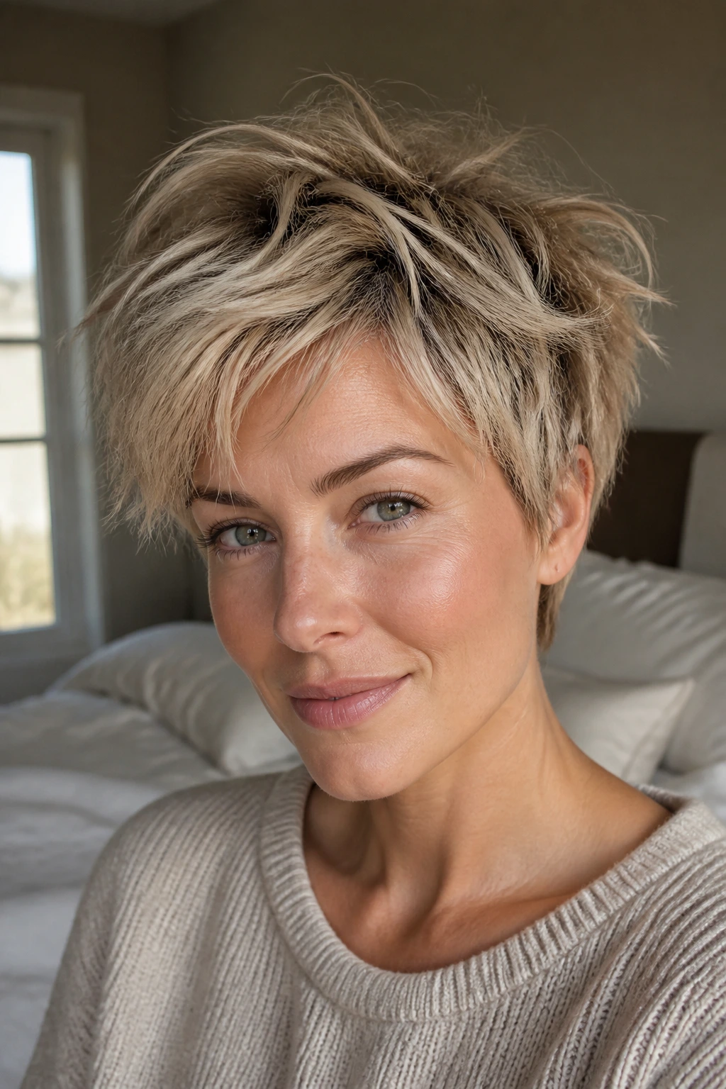 Close-up of a real person with messy bedhead pixie hairstyle