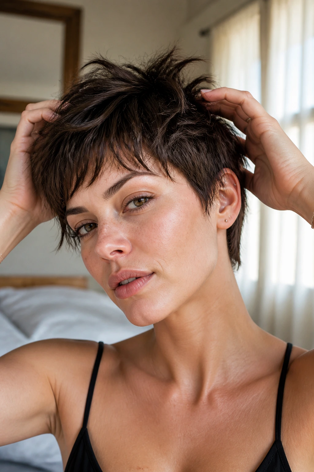 Close-up portrait of a real woman with bedhead pixie broken layers texture