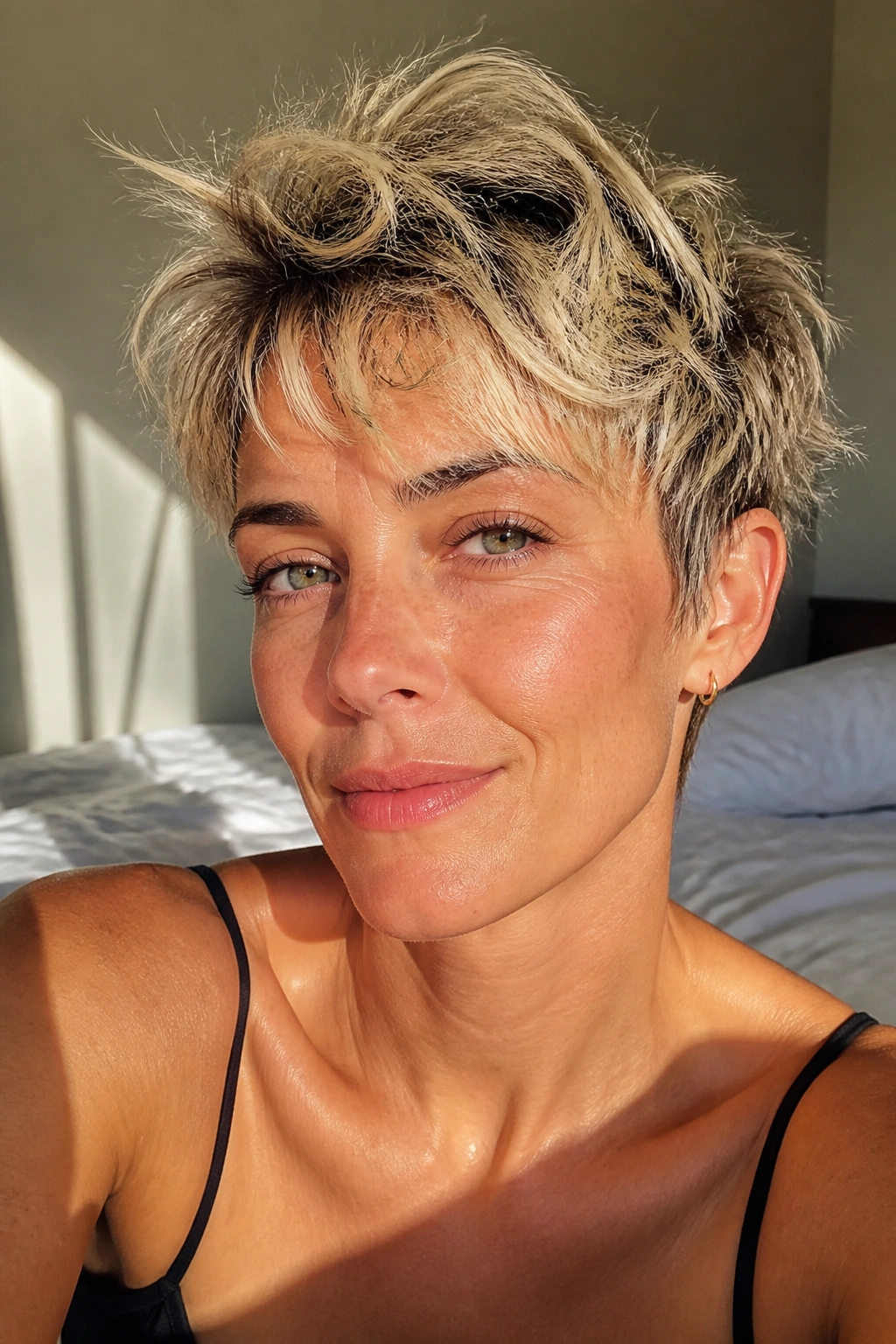 Close-up of a real woman with a messy bedhead pixie and textured layers