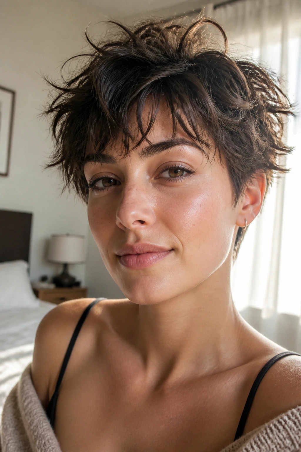 Close-up portrait of a real woman with messy bedhead pixie texture in soft morning light