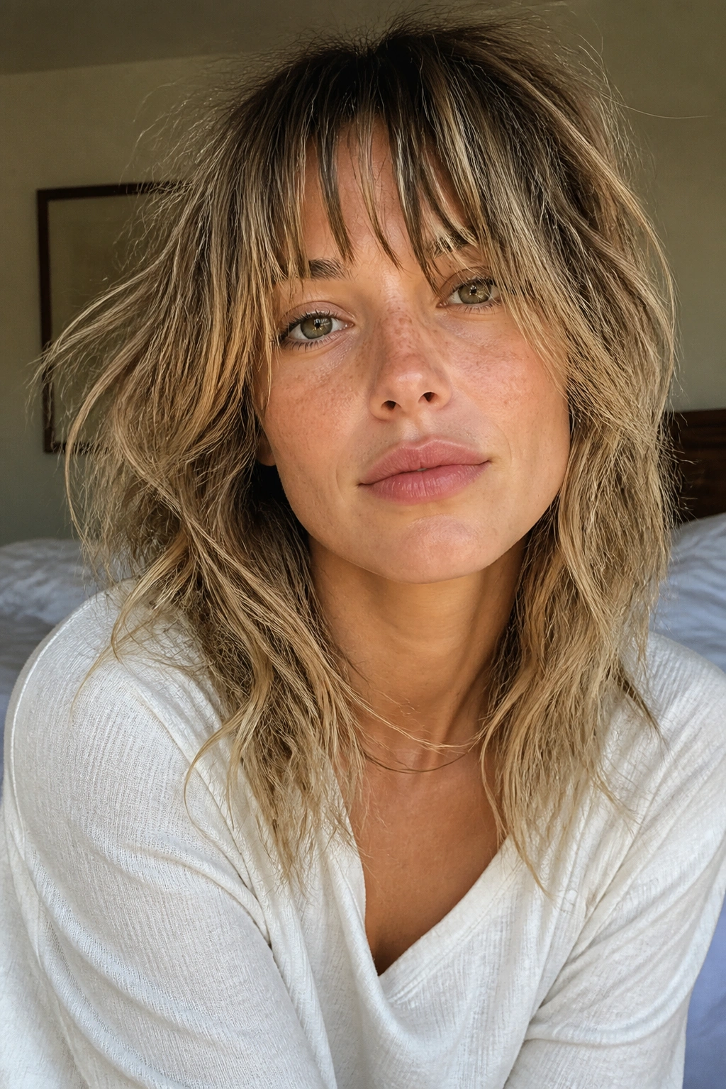 Close-up portrait of a real woman with bedhead shag and piecey bangs
