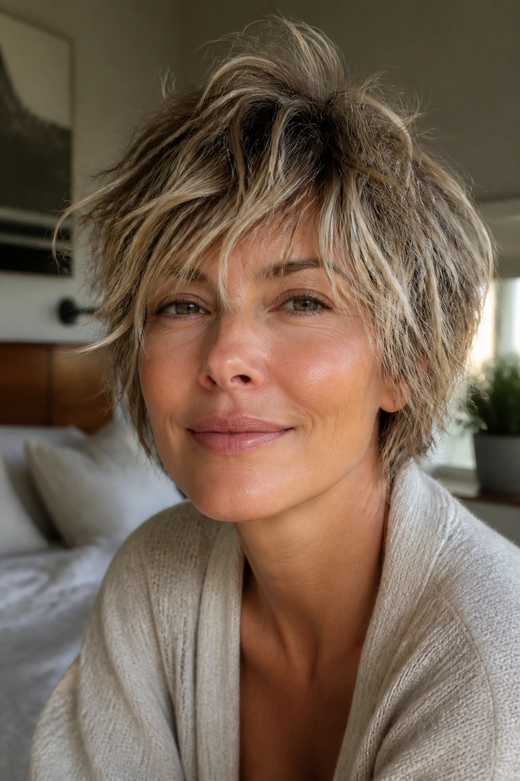 Portrait of a woman with messy bedhead shag in a cozy bedroom