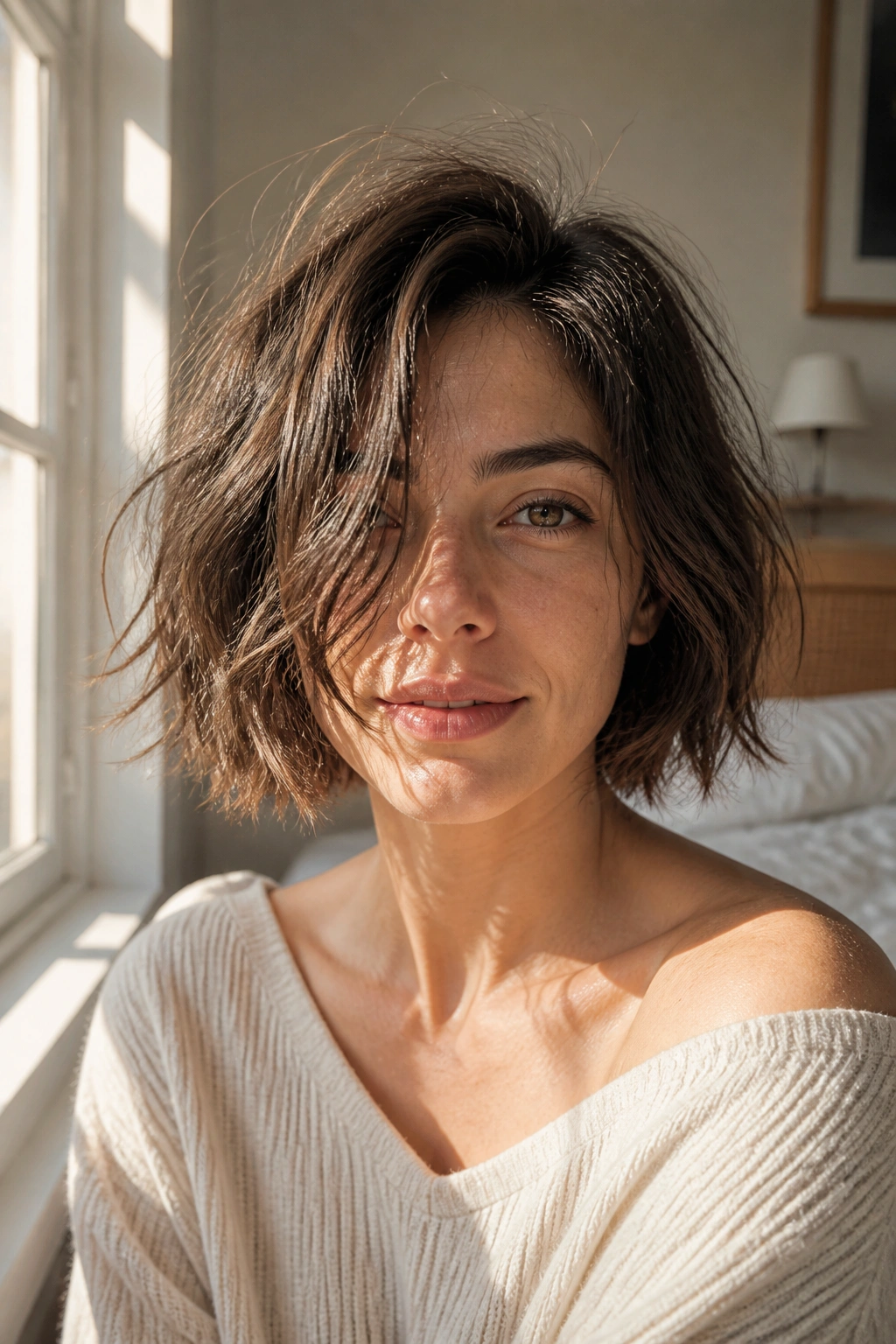 Close-up of a real woman with a bedhead bob and an uneven part