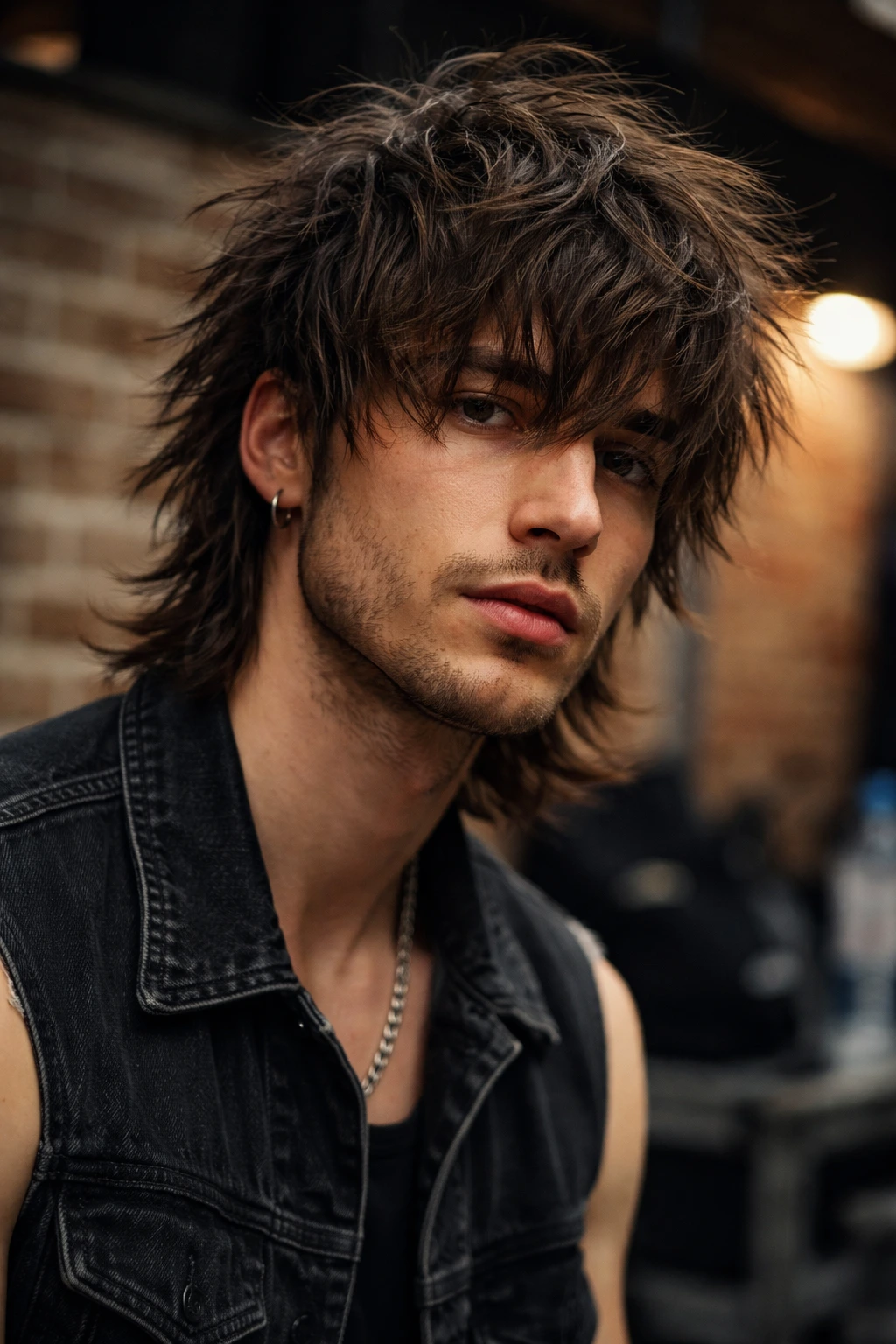 Portrait of a man with a messy bedhead wolf cut in moody backstage lighting