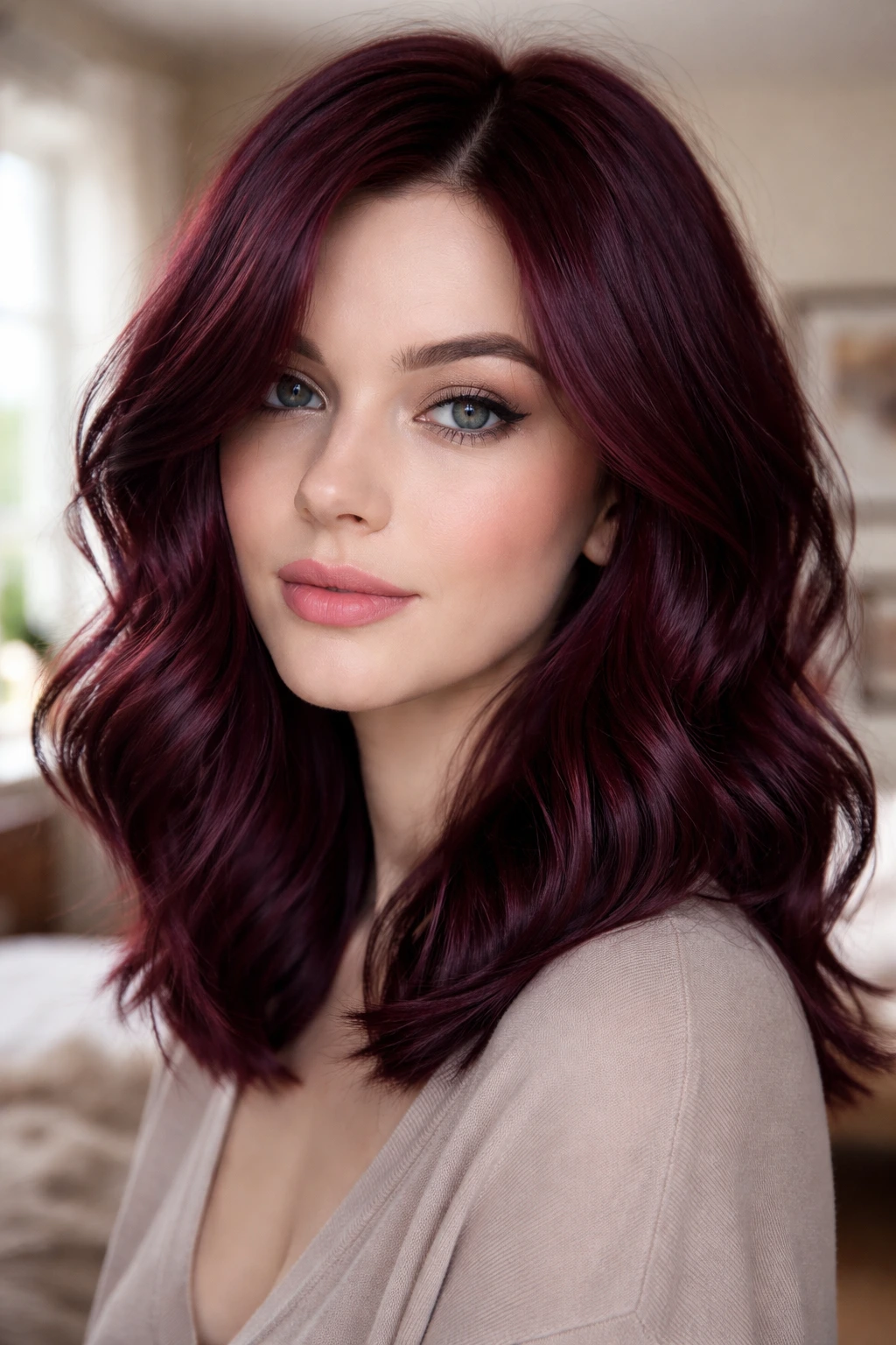 Close-up of a real person with beet-root gloss hair under natural window light
