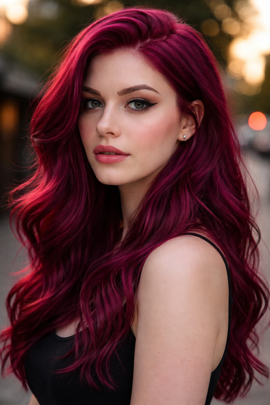 Close-up of Beetroot Red hair, deep blue-based magenta, on a real person in golden hour outdoor setting