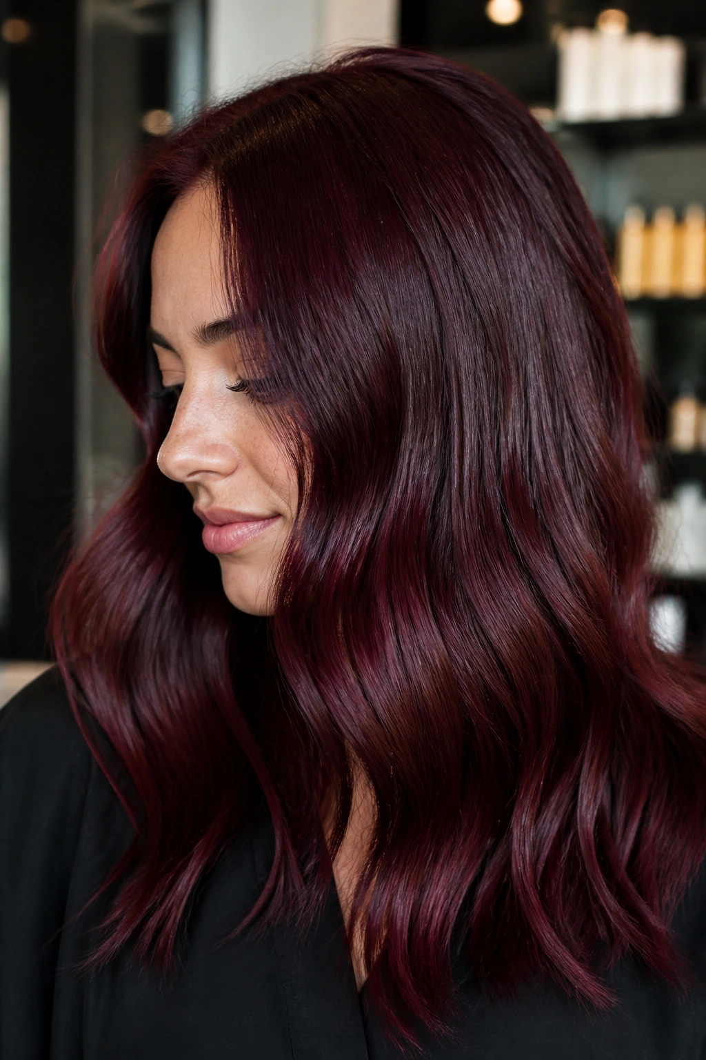 Close-up of a real person with beetroot red hair on a light brown base, glossy and rich.