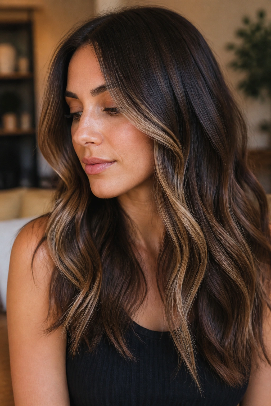 Close-up of brunette hair with beige-ash ribbons for balayage