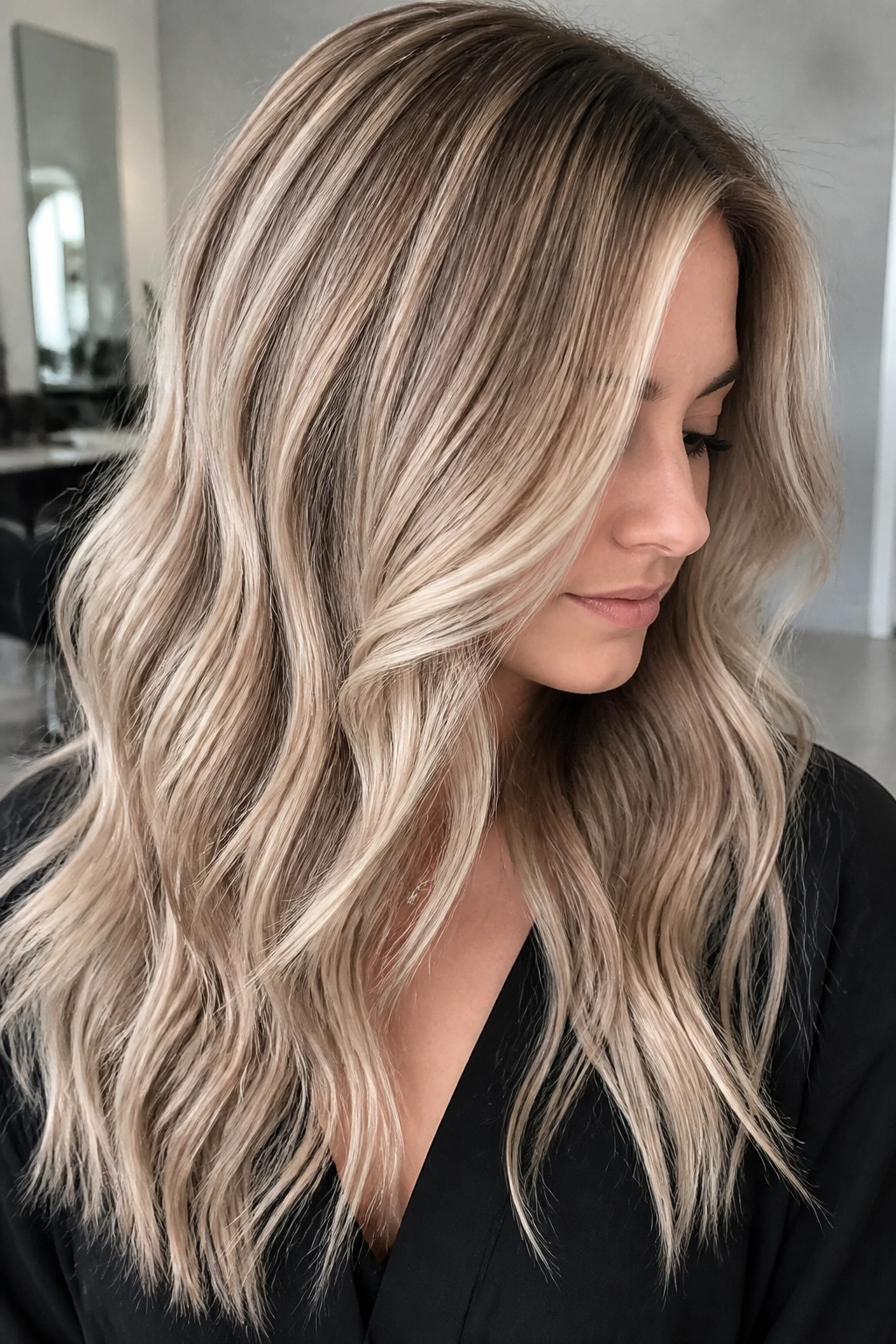 Close-up of beige ash balayage with lowlights on a woman's hair in a salon