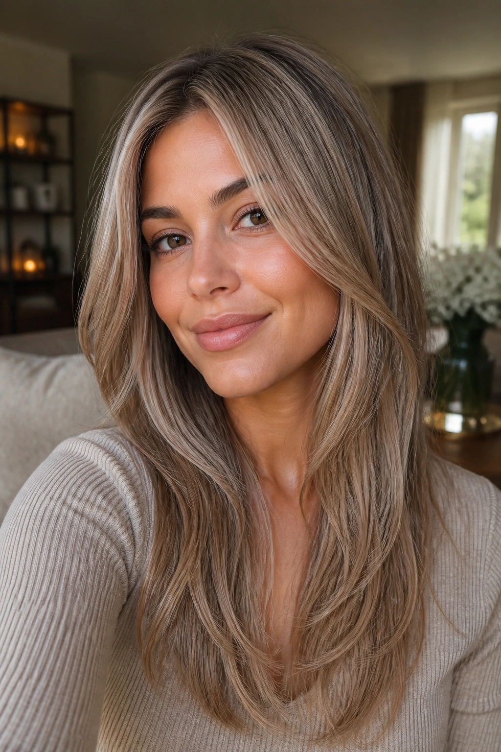 Portrait of a woman with beige ash blonde and long face-framing layers