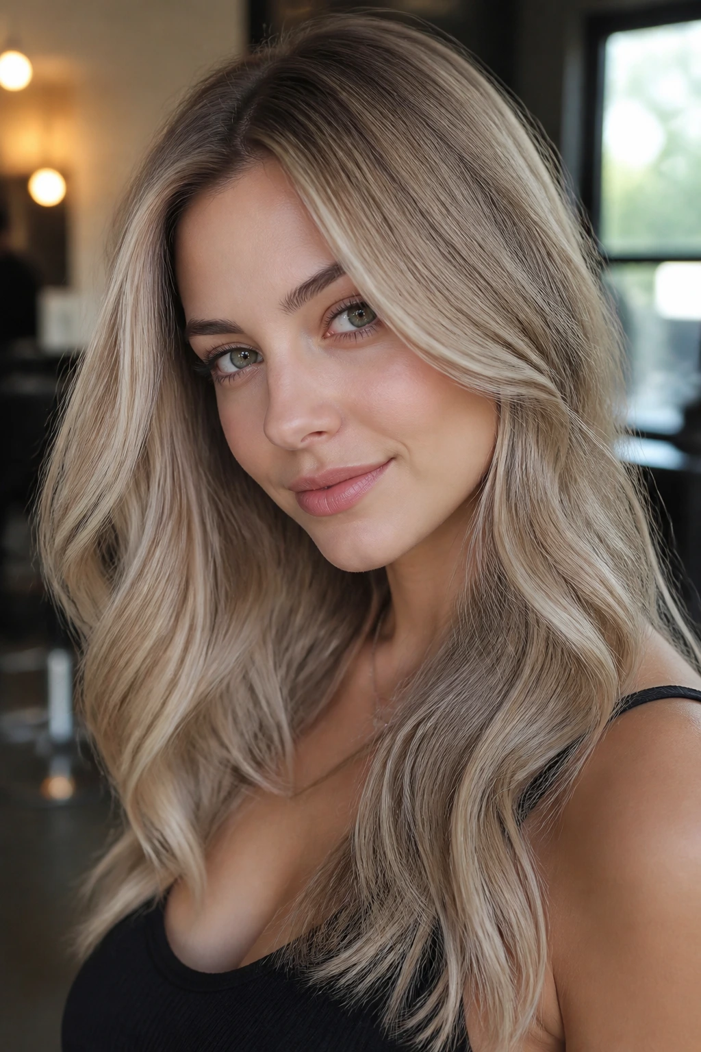 Close-up of a real person with beige ash blonde hair in a softly lit setting.