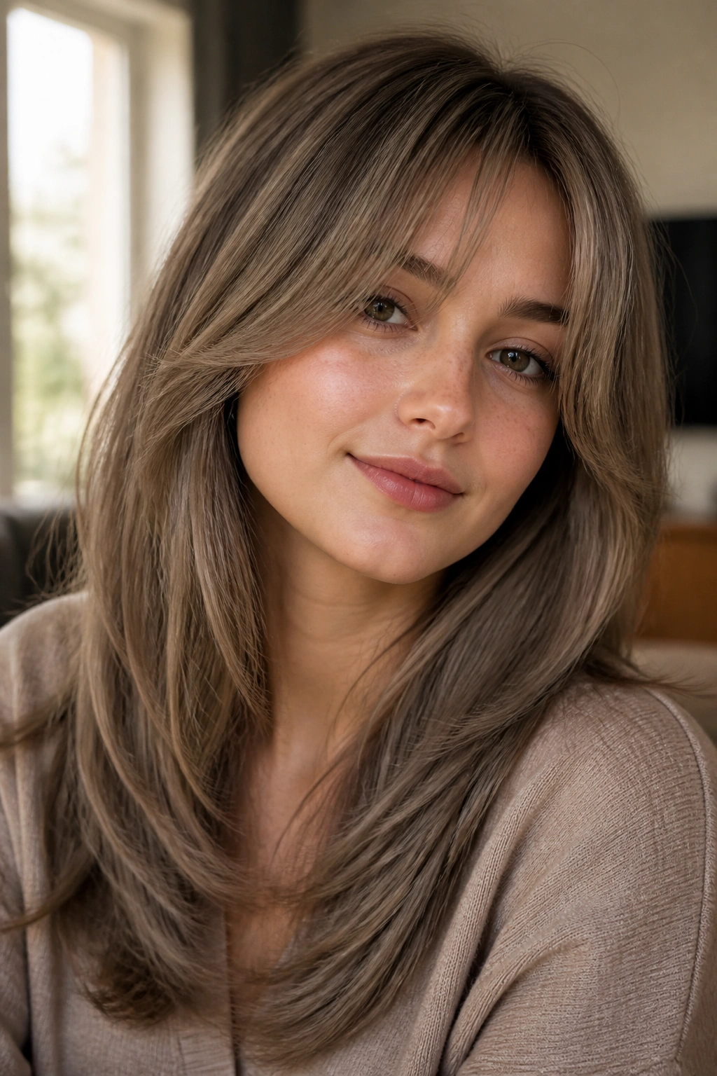 Close-up portrait of a real woman with beige ash brown hair and curtain bangs softly lit by natural window light.