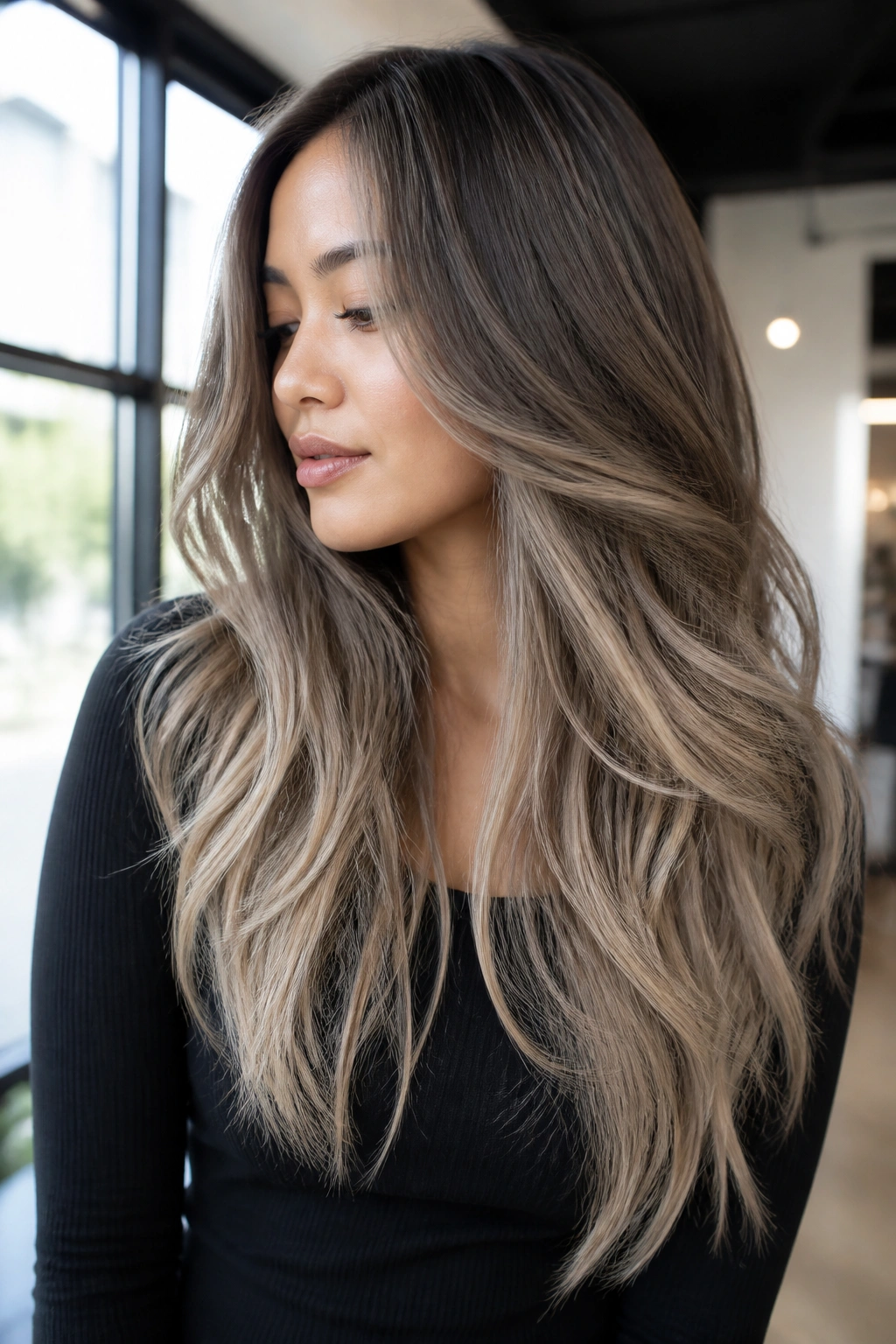 Real woman with beige ash fade on long layered hair.
