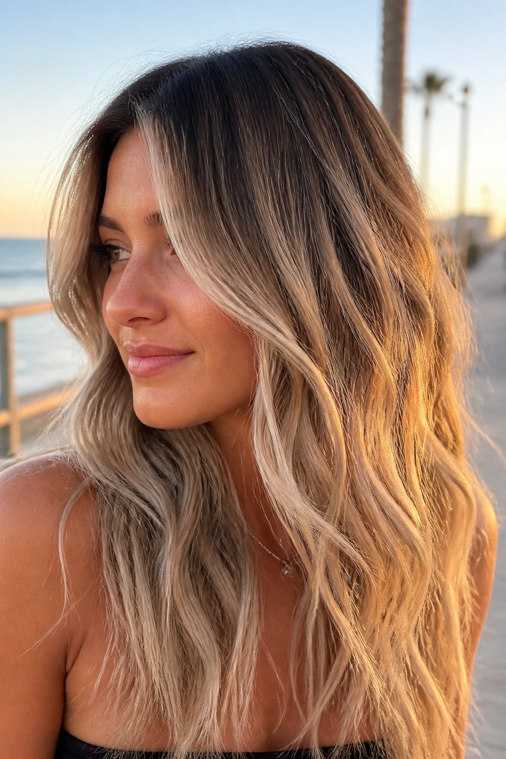 Close-up of a real woman with beige-ash fusion hair on a beachy setting at golden hour.