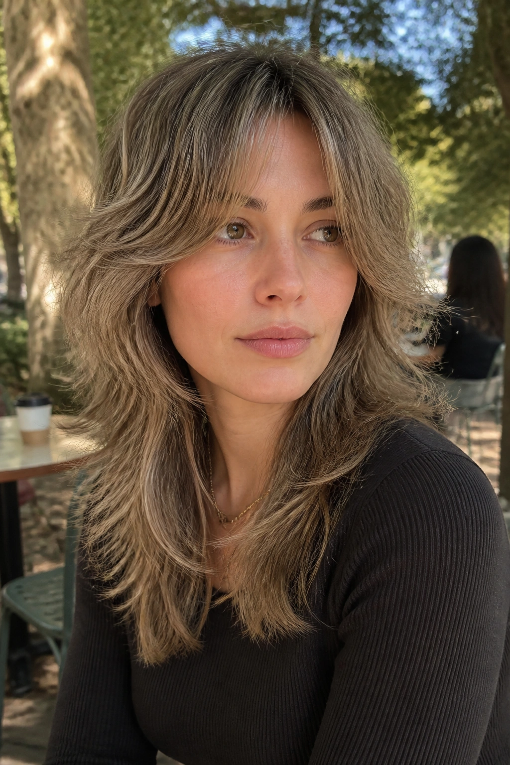 Portrait of beige-ash layered shag hairstyle outdoors