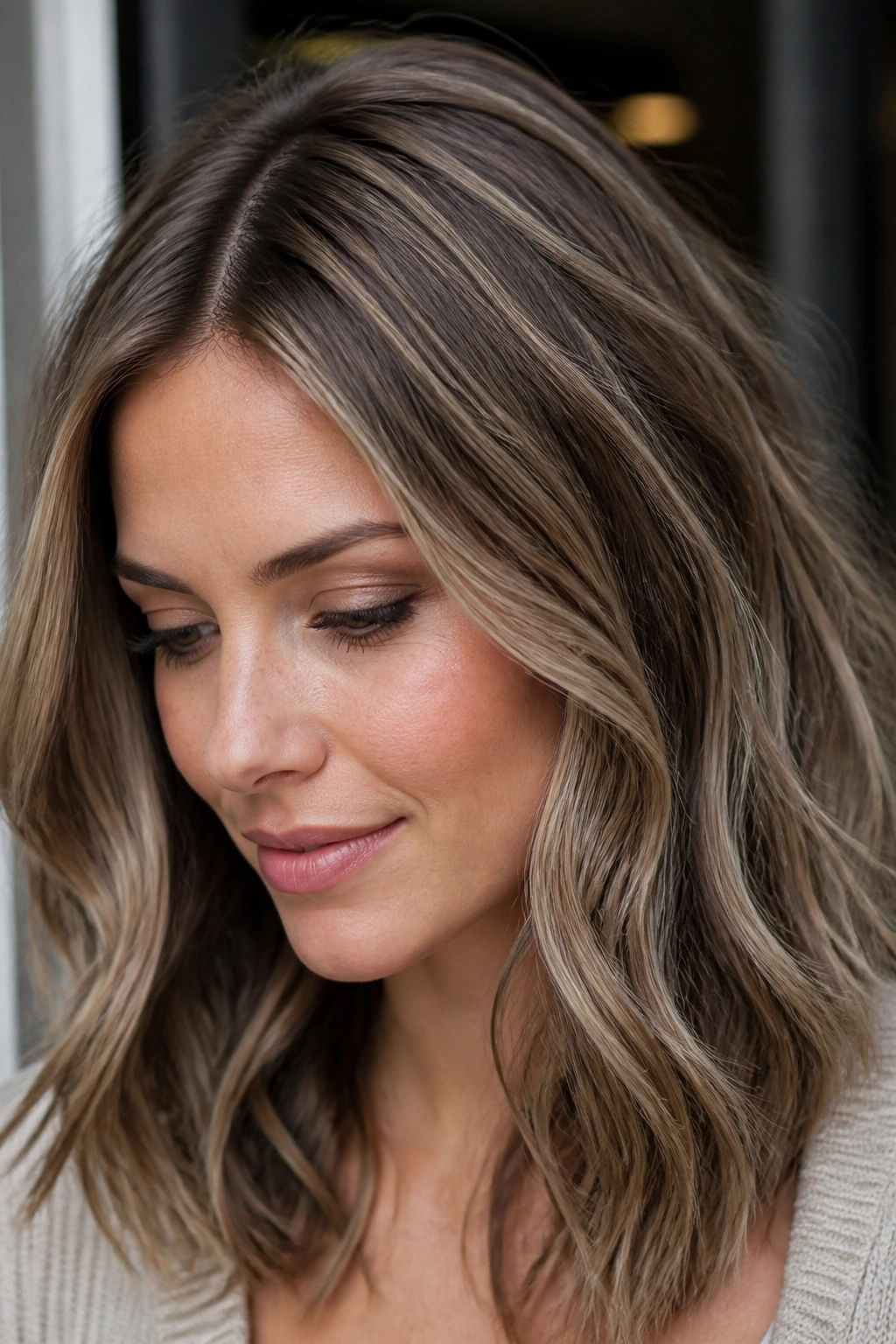 Close-up crown shot showing cool beige ash ribbons in medium brown hair.