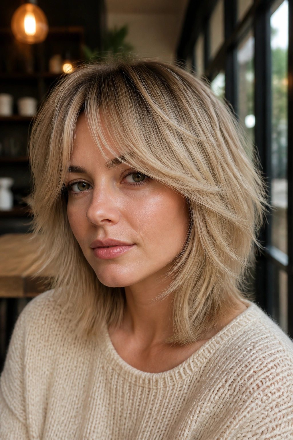 Portrait of a real woman with beige ash blonde shag showing crown lift.
