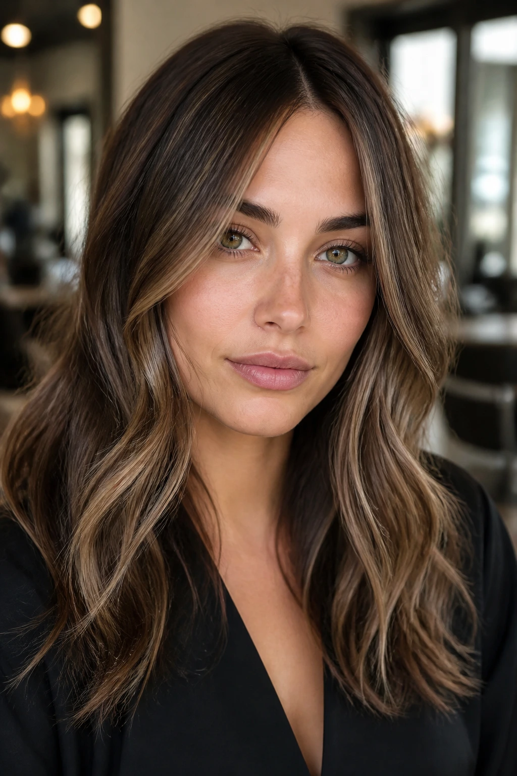 Close-up of beige babylights on cool brunette, hair framing face