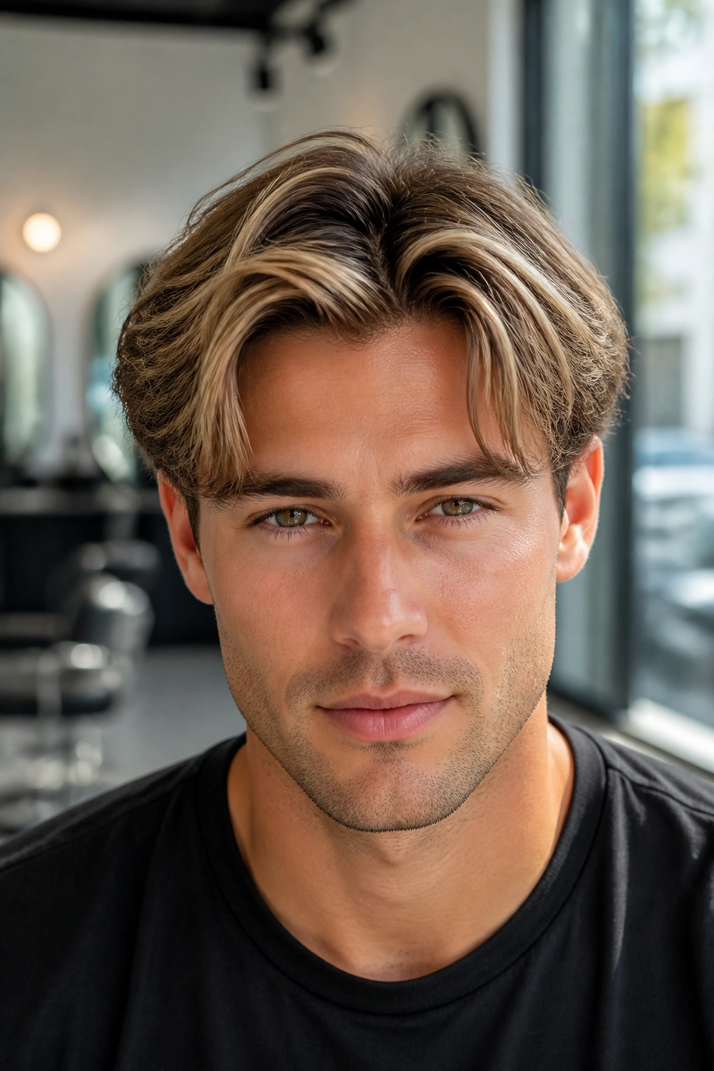 Close-up of hair with beige babylights in a modern salon setting