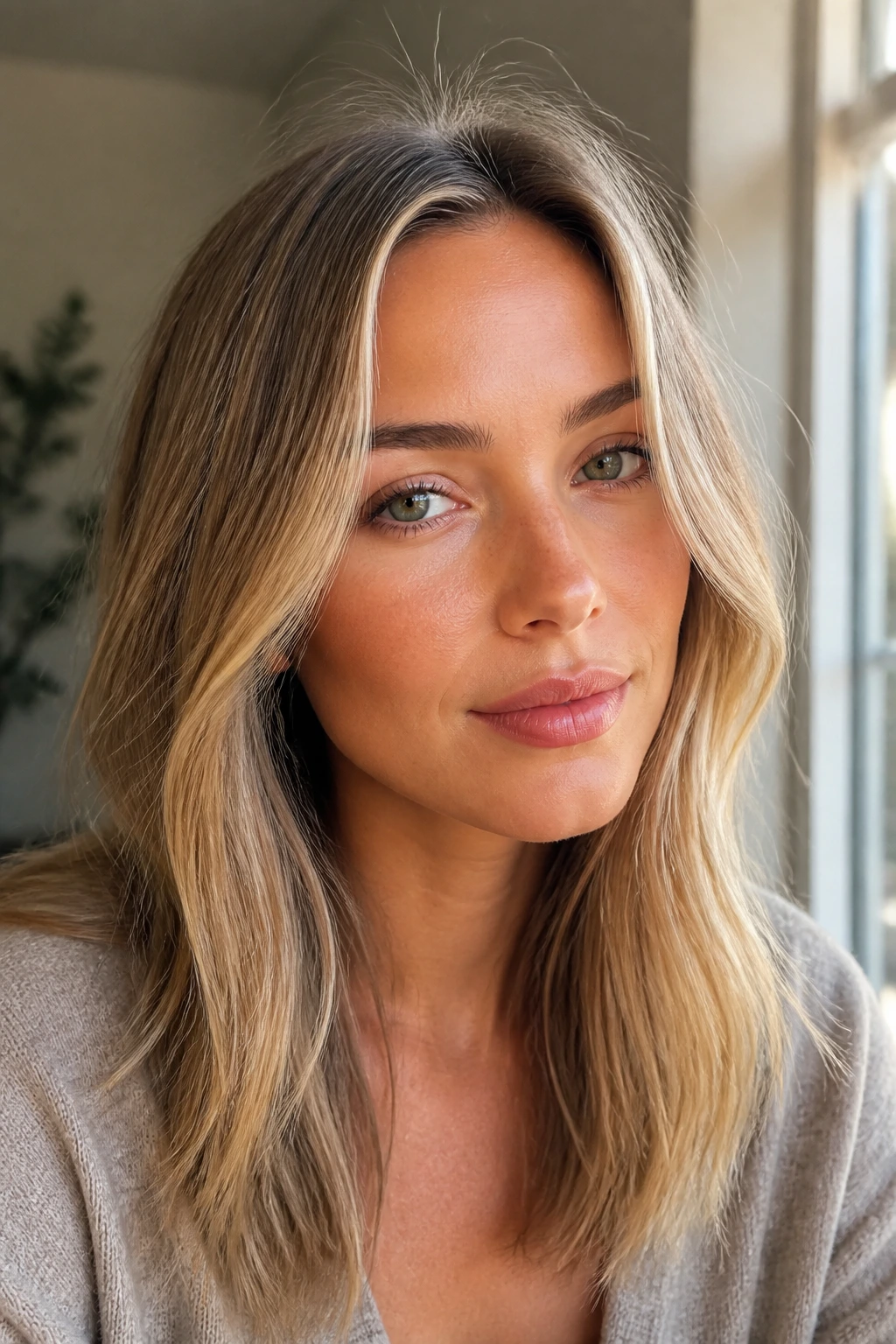 Close-up of a woman with beige babylights framing the face in natural light