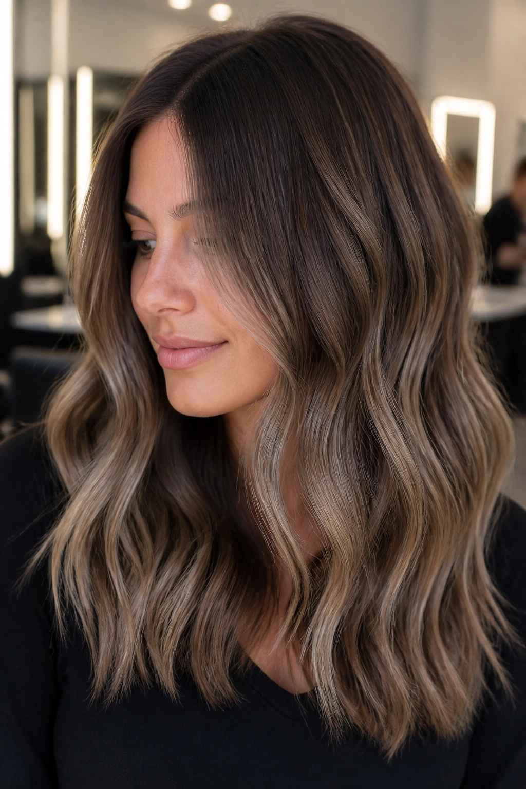 Ash-brown hair with beige balayage for a cool, soft finish on a real person.