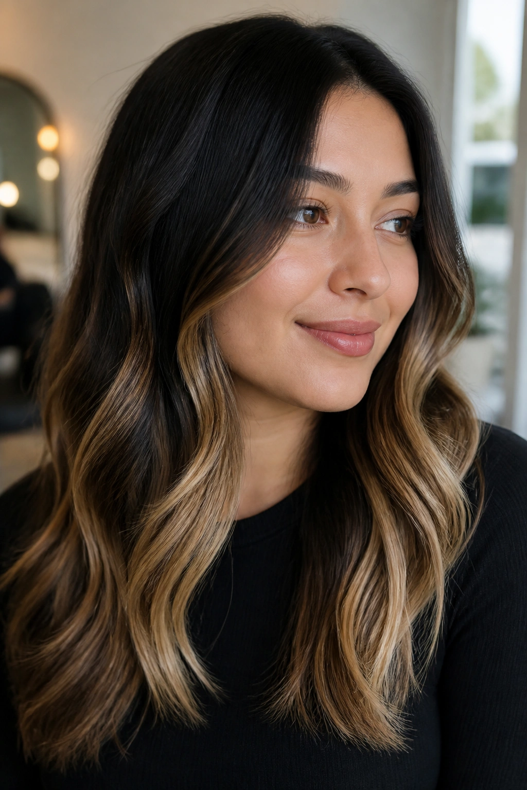Close-up of beige balayage starting below the cheekbones on black hair