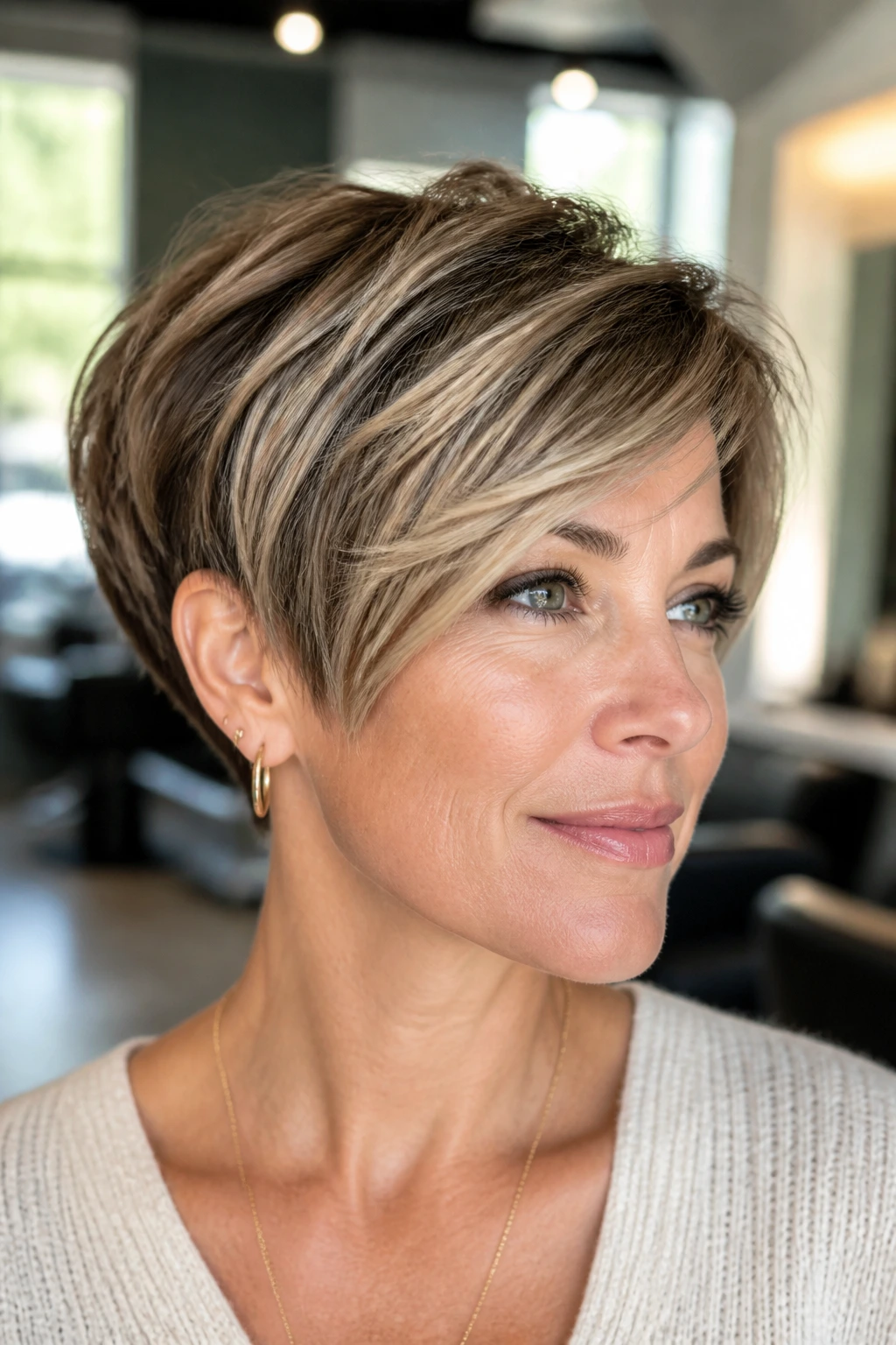 Close-up portrait of a real woman with beige blonde balayage on a short bob or pixie