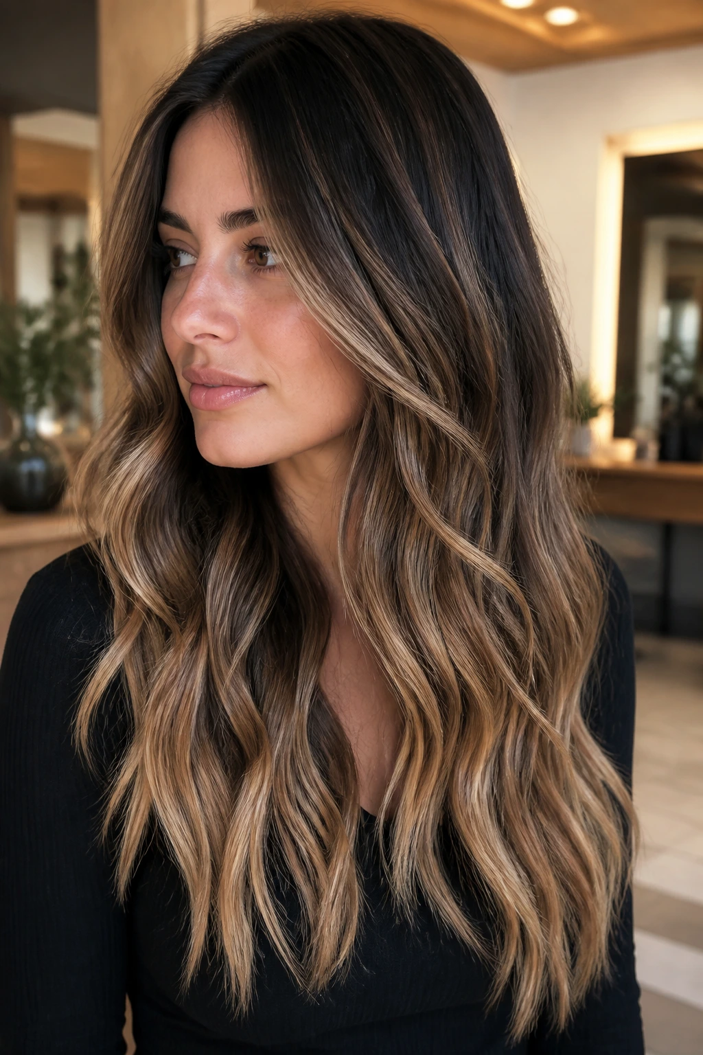 Brunette with golden-beige balayage lift and soft transition