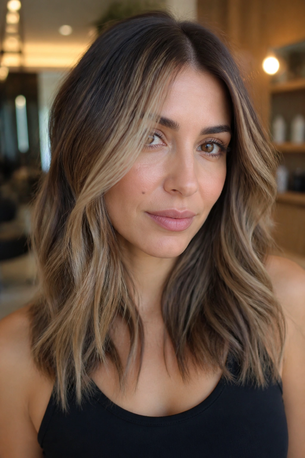 Close-up of brunette with beige blonde balayage around the face