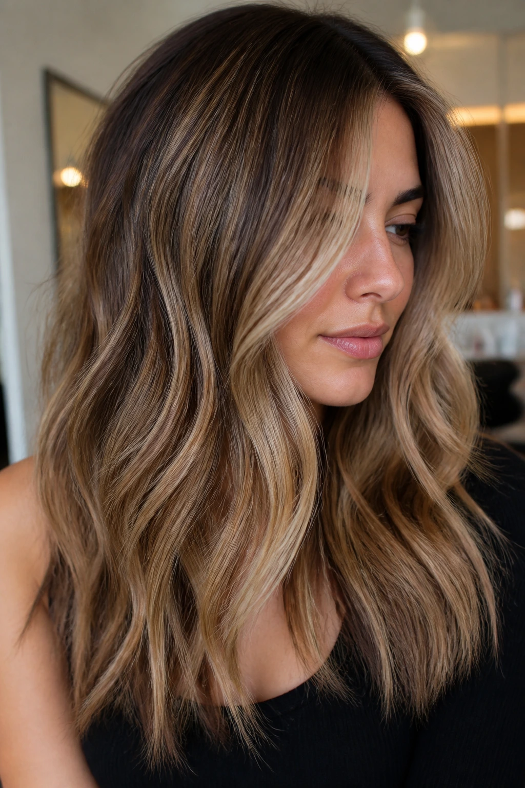Brown hair with beige balayage and cinnamon lowlights
