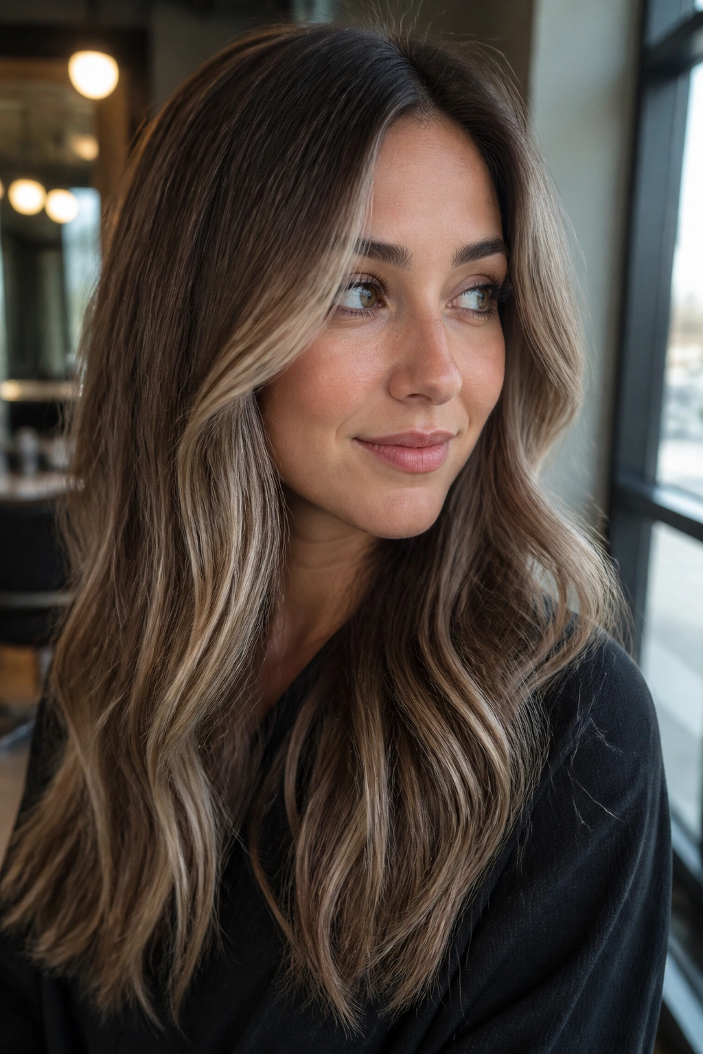 Close-up portrait of beige balayage on cool brown hair