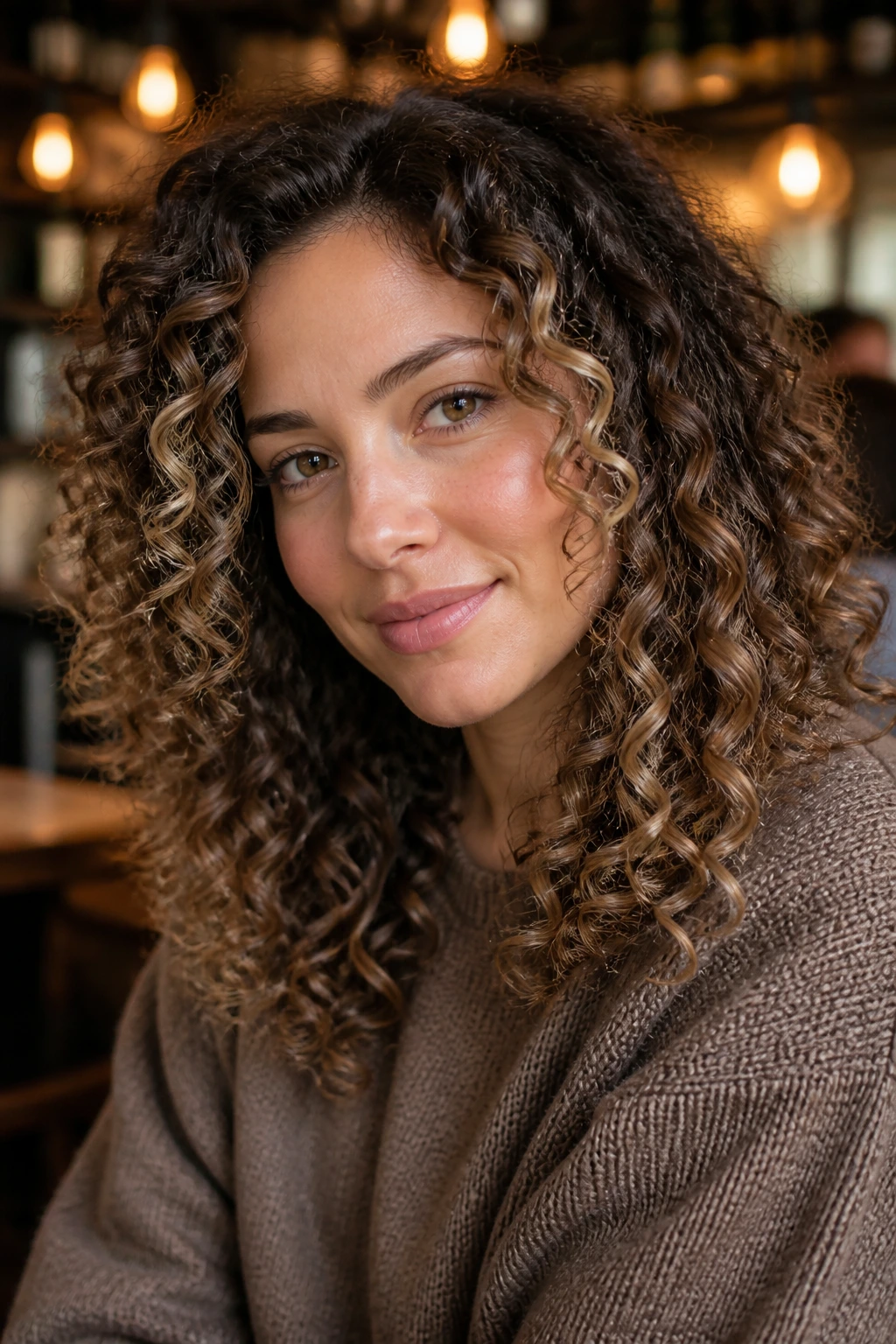 Close-up of curly brown hair with beige balayage ribbons on the outer curls