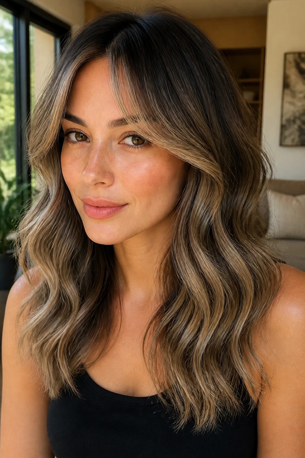 Close-up of brunette hair with beige balayage and curtain bangs framing the face