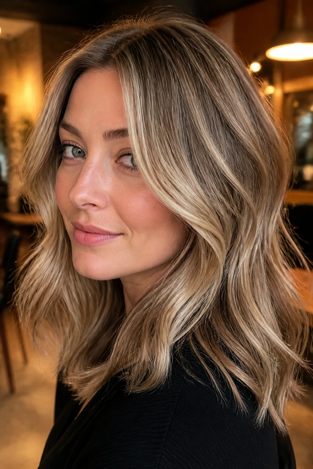 Close-up portrait of a real person with beige blonde balayage over dark blonde