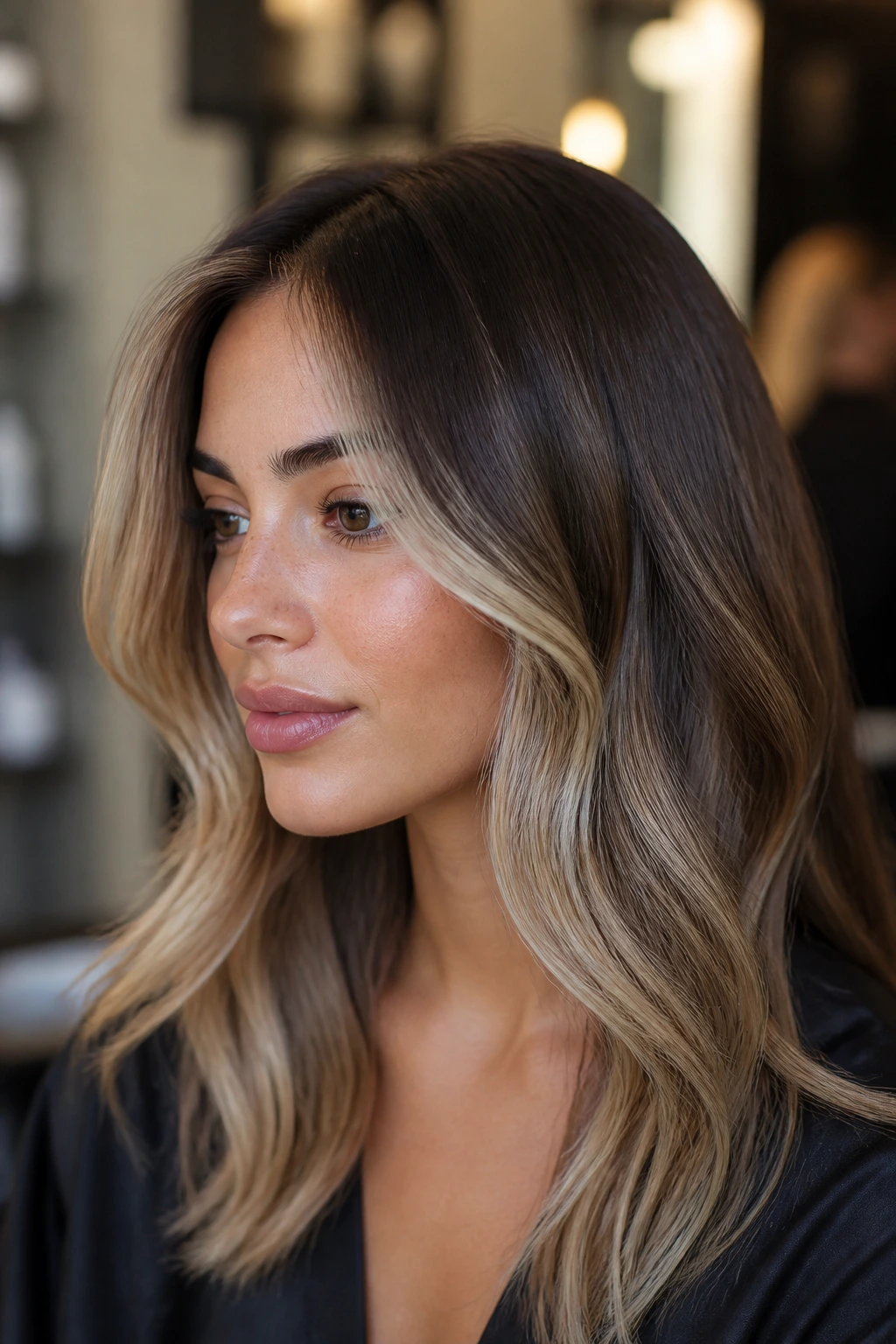 Real woman close-up with soft beige face-framing balayage on brown hair