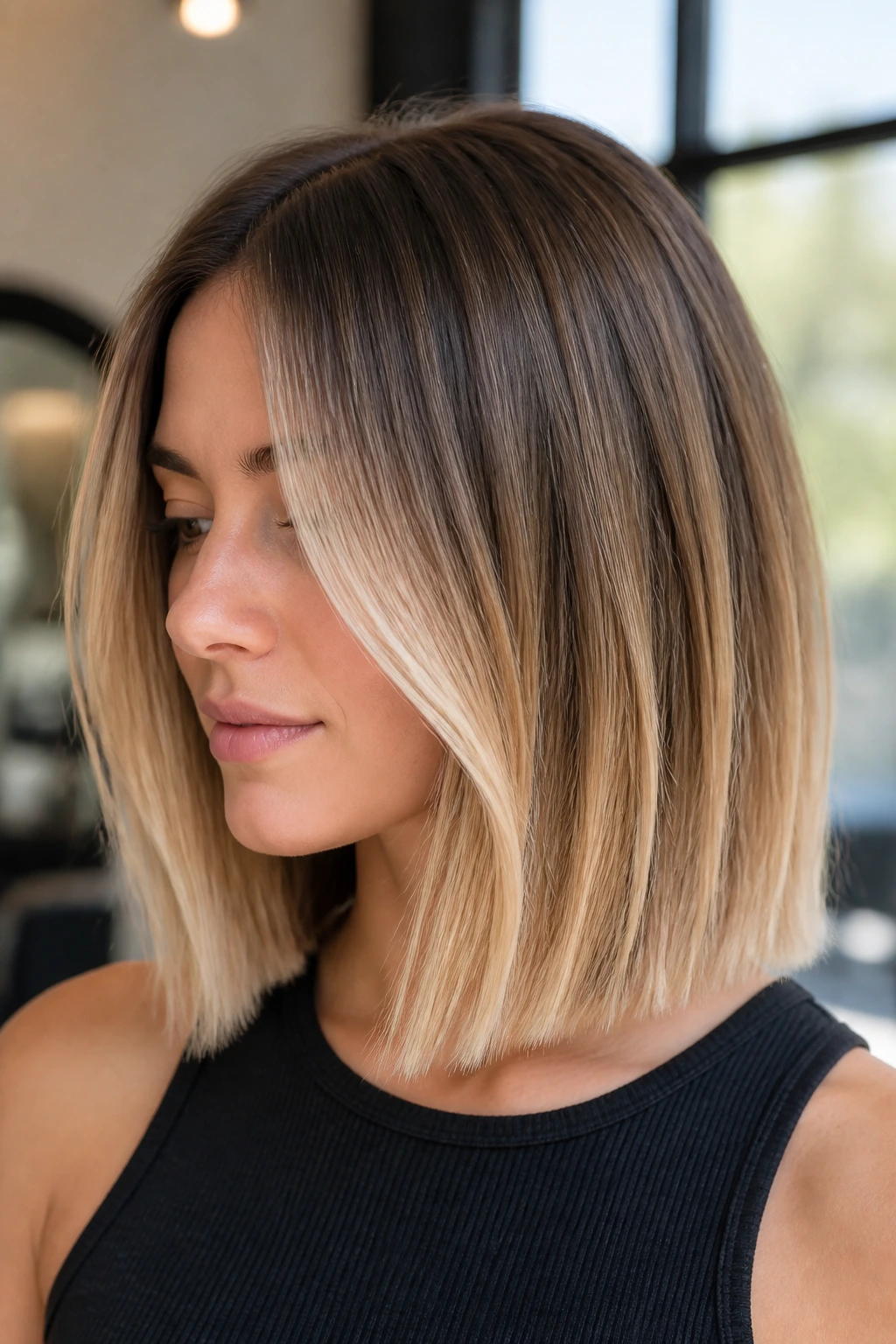 Close-up of beige-blonde balayage on a blunt lob on a real person