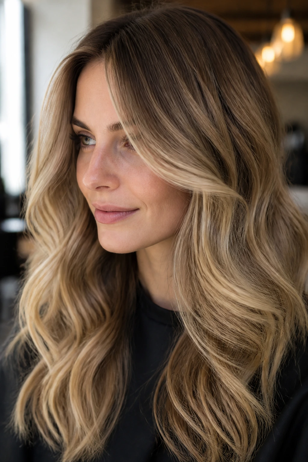 Close-up portrait of a real woman with beige honey brown balayage in a salon