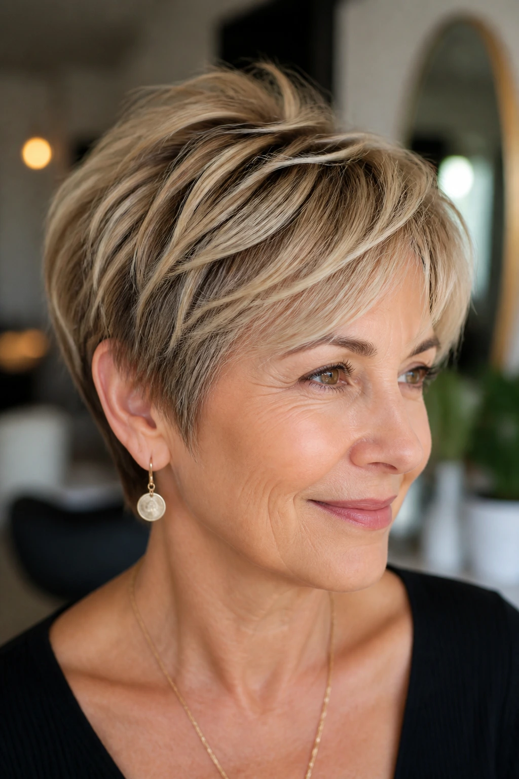 Real woman with layered pixie and beige balayage in a warm salon setting
