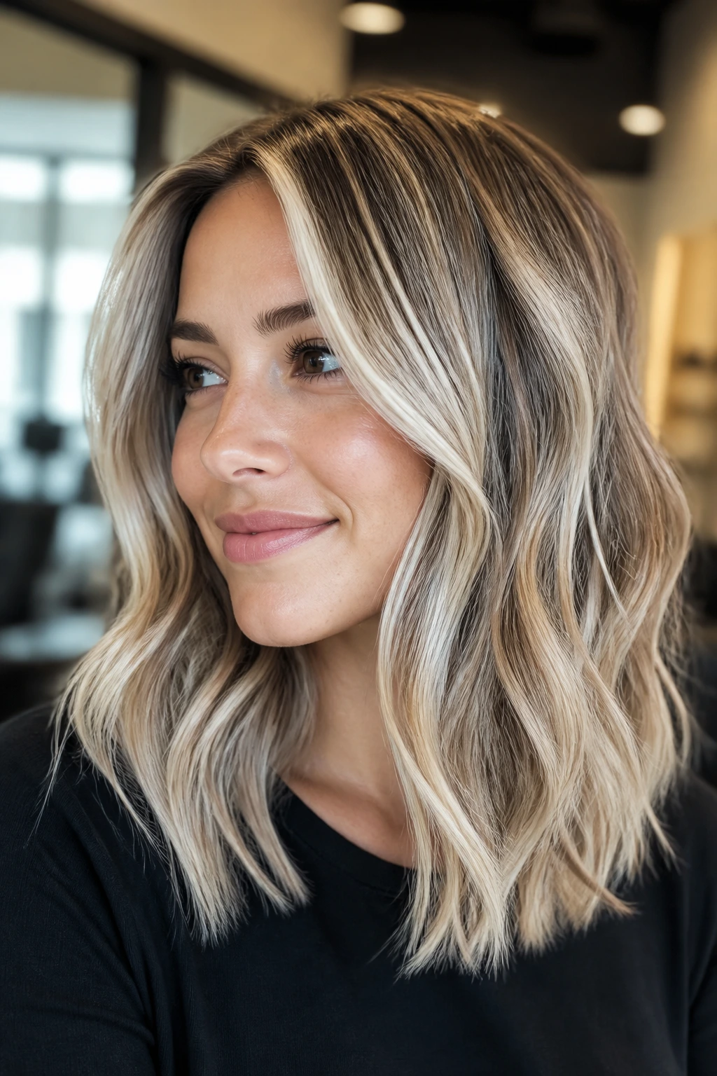 Close-up portrait of a real woman with beige lowlights and platinum balayage on brown hair in a warm salon setting