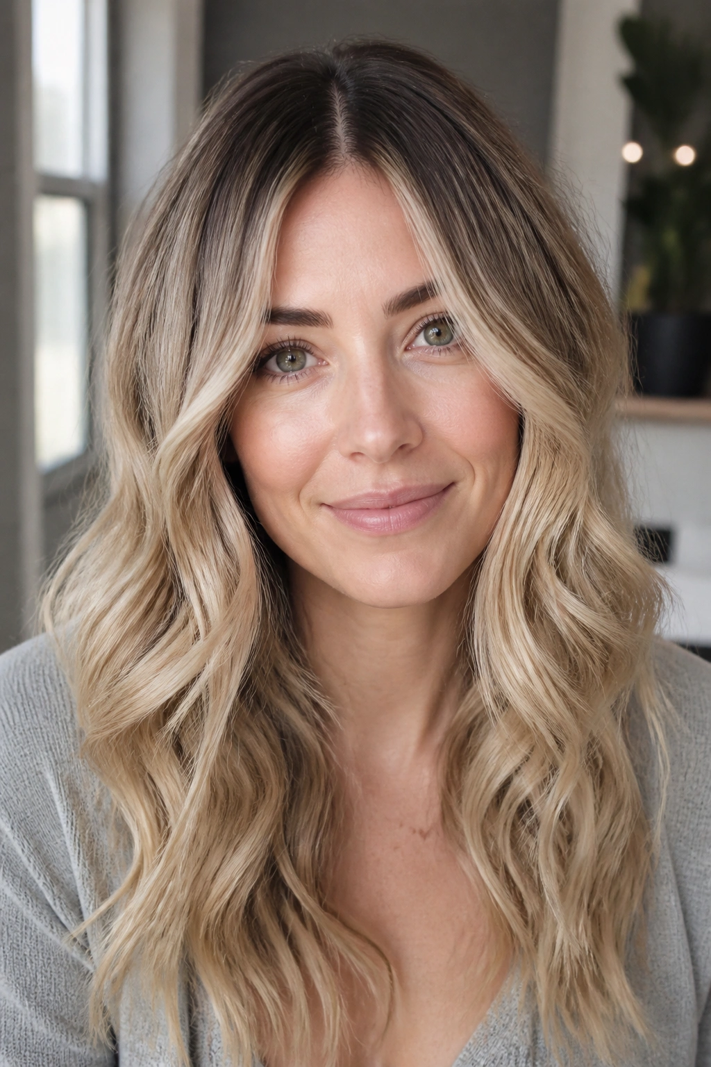 Close-up of a real woman with beige balayage and root smudge in natural light