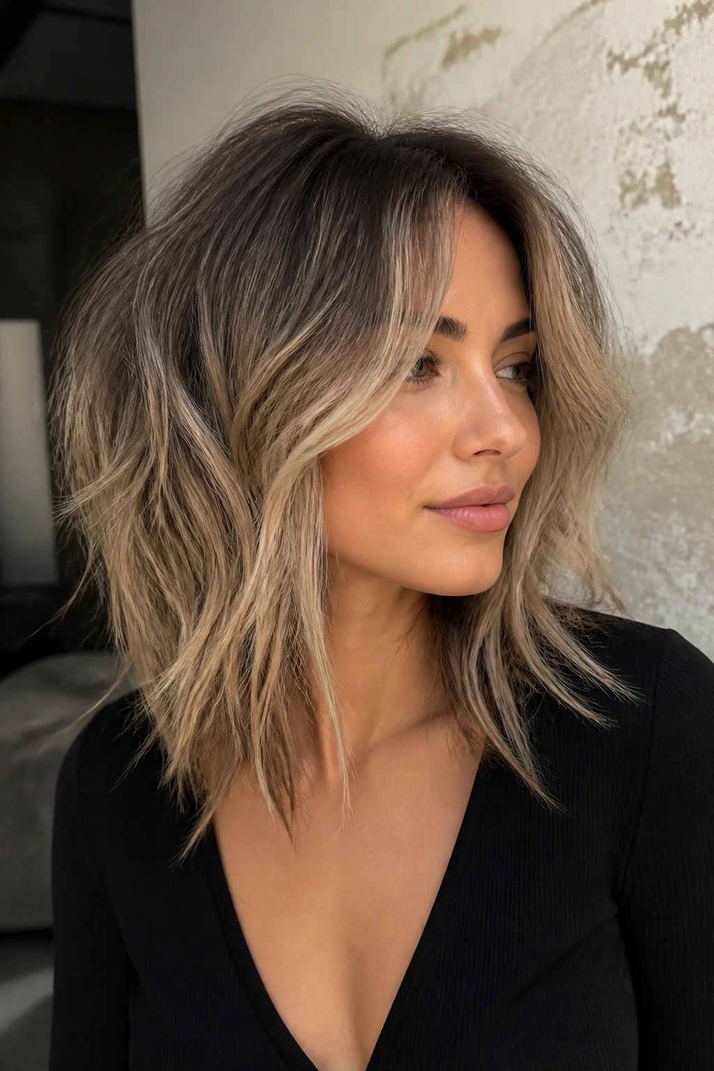 Close-up of shag cut with smoky beige-blonde balayage